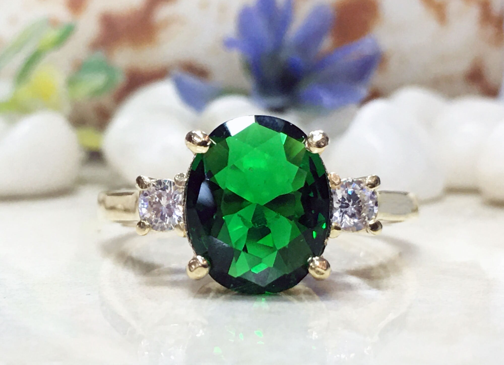 Emerald Ring - May Birthstone - Gold Ring - Gemstone Band - Statement Ring - Engagement Ring - Oval Ring - Cocktail Ring - Prong Ring