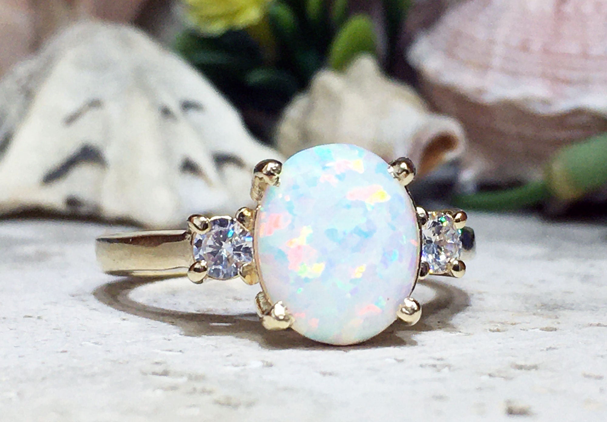 White Opal Ring - Gold Ring - Engagement Ring - Prong Ring - Oval Ring - Cocktail Ring - Gemstone Ring - Opal Jewelry - Statement Ring