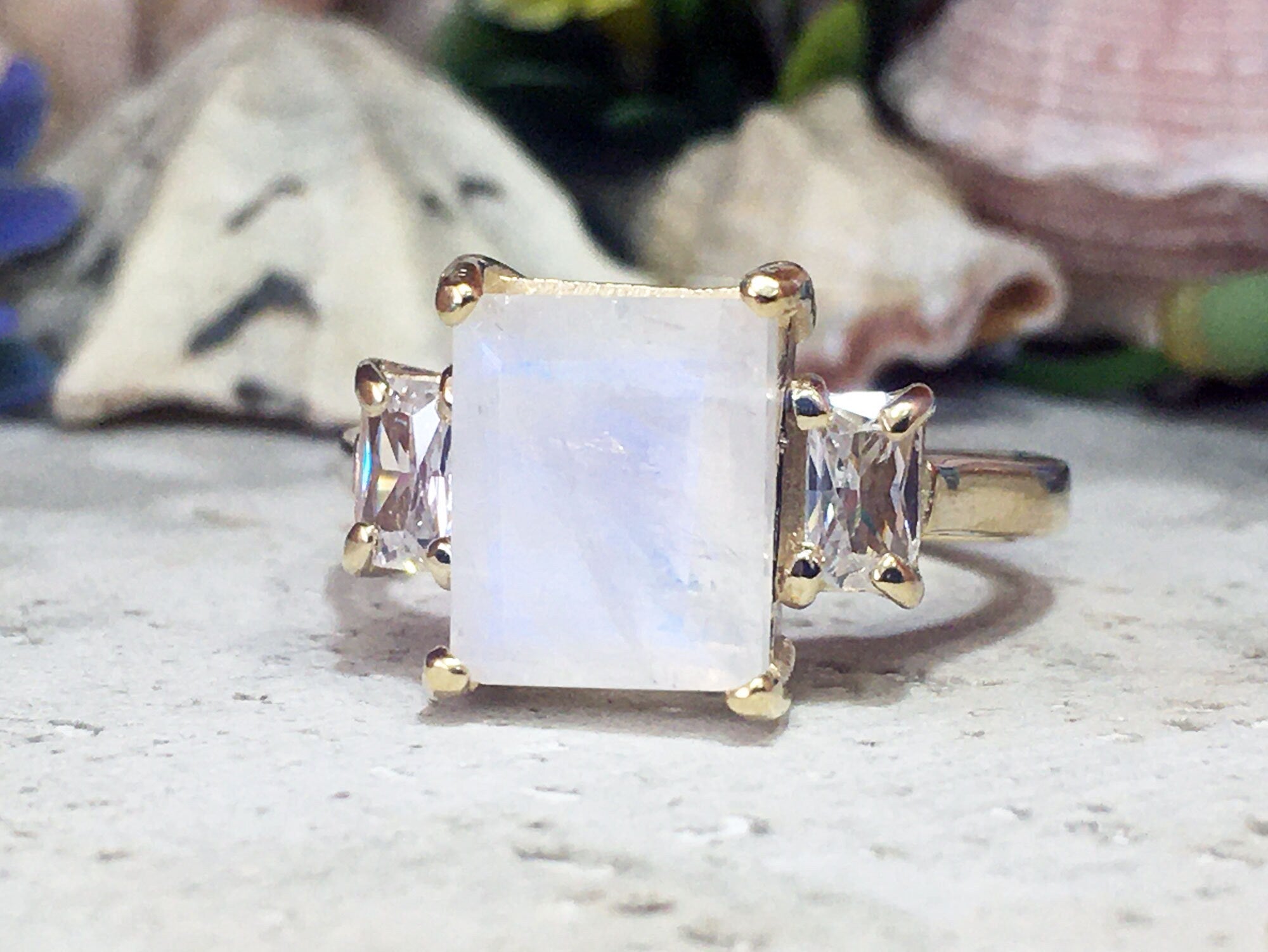 Rainbow Moonstone Ring - June Birthstone - Statement Ring - Gold Ring - Engagement Ring - Rectangle Ring - Cocktail Ring - Prong Ring