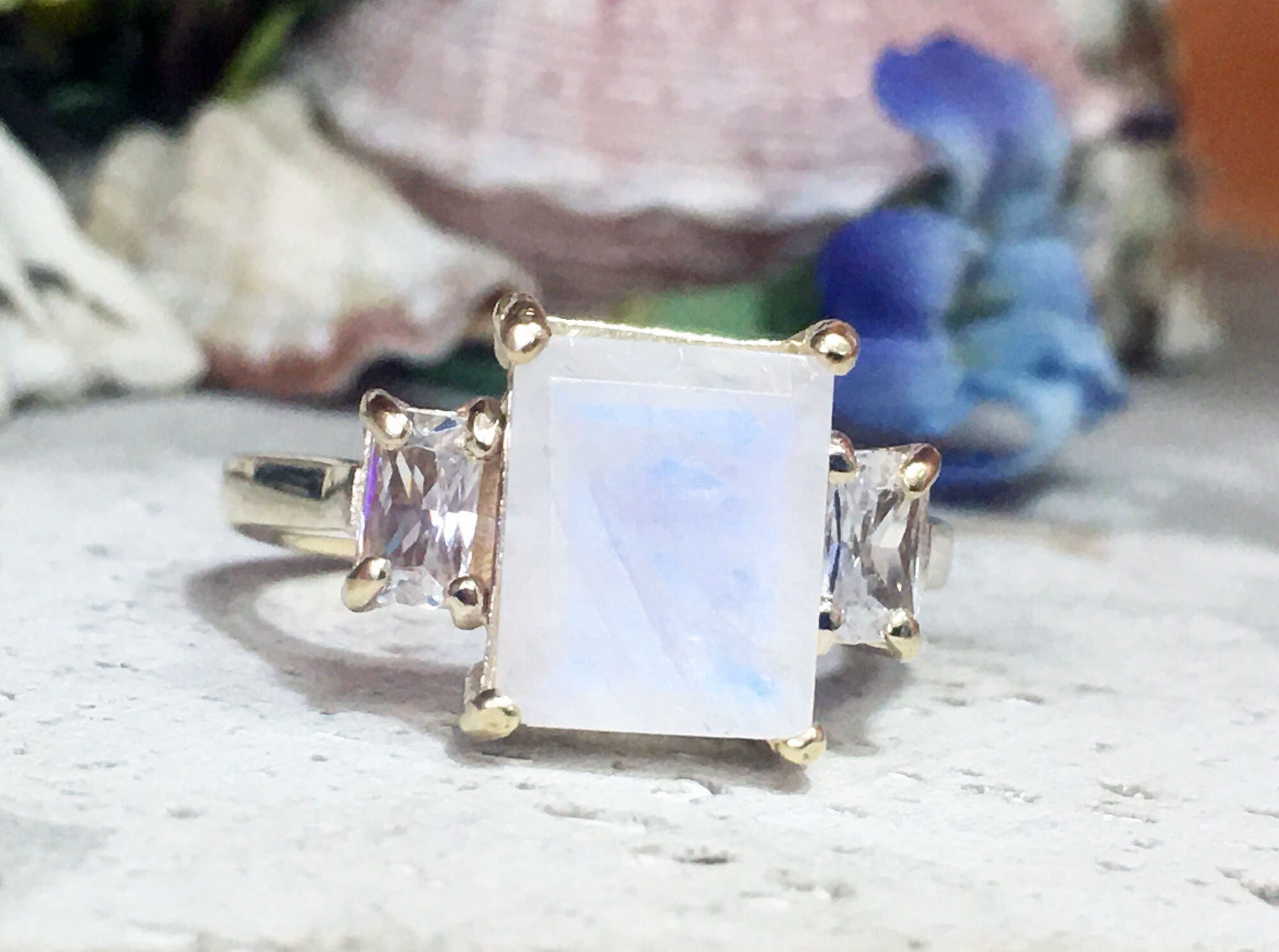 Rainbow Moonstone Ring - June Birthstone - Statement Ring - Gold Ring - Engagement Ring - Rectangle Ring - Cocktail Ring - Prong Ring