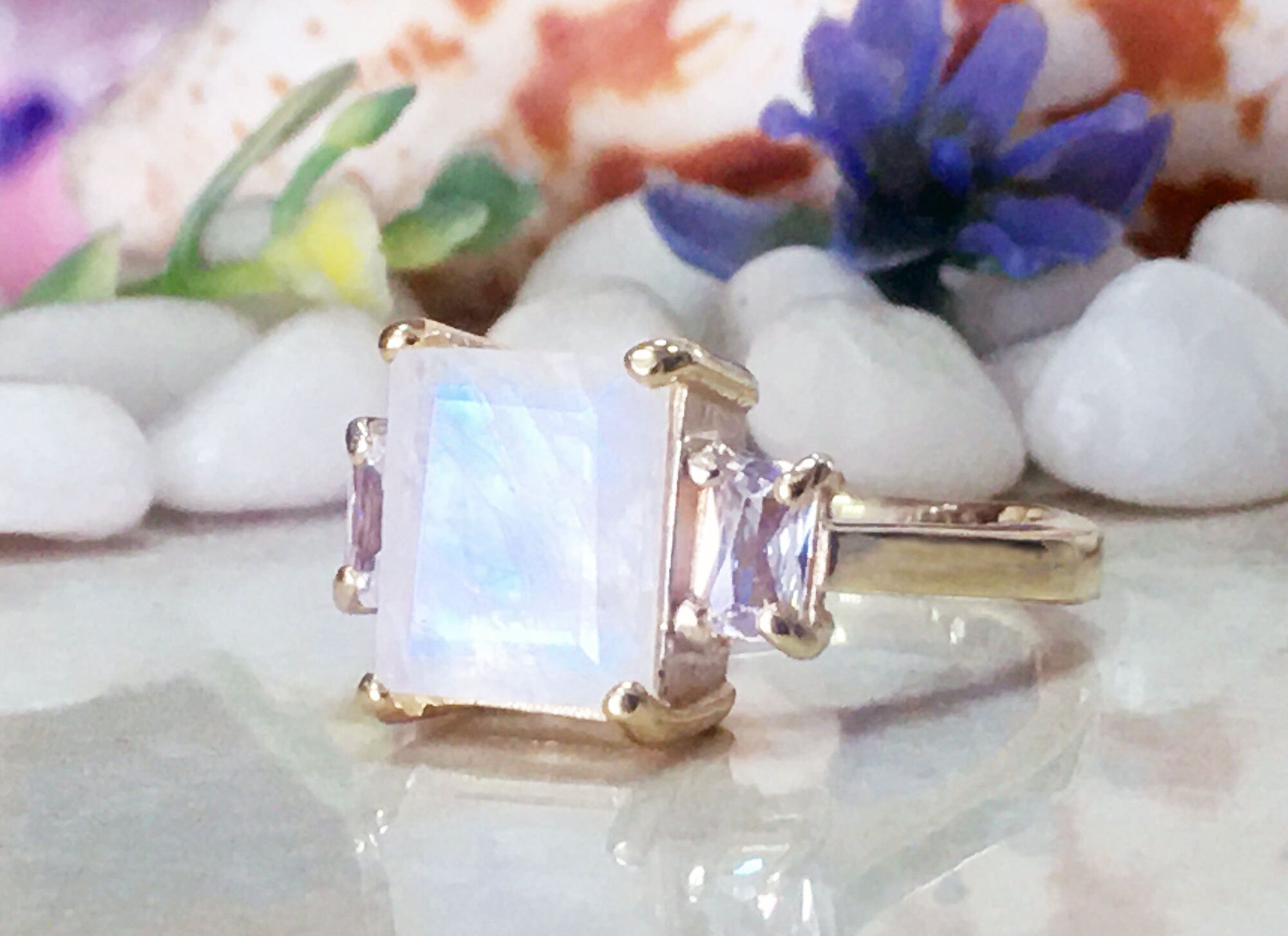 Rainbow Moonstone Ring - June Birthstone - Statement Ring - Gold Ring - Engagement Ring - Rectangle Ring - Cocktail Ring - Prong Ring