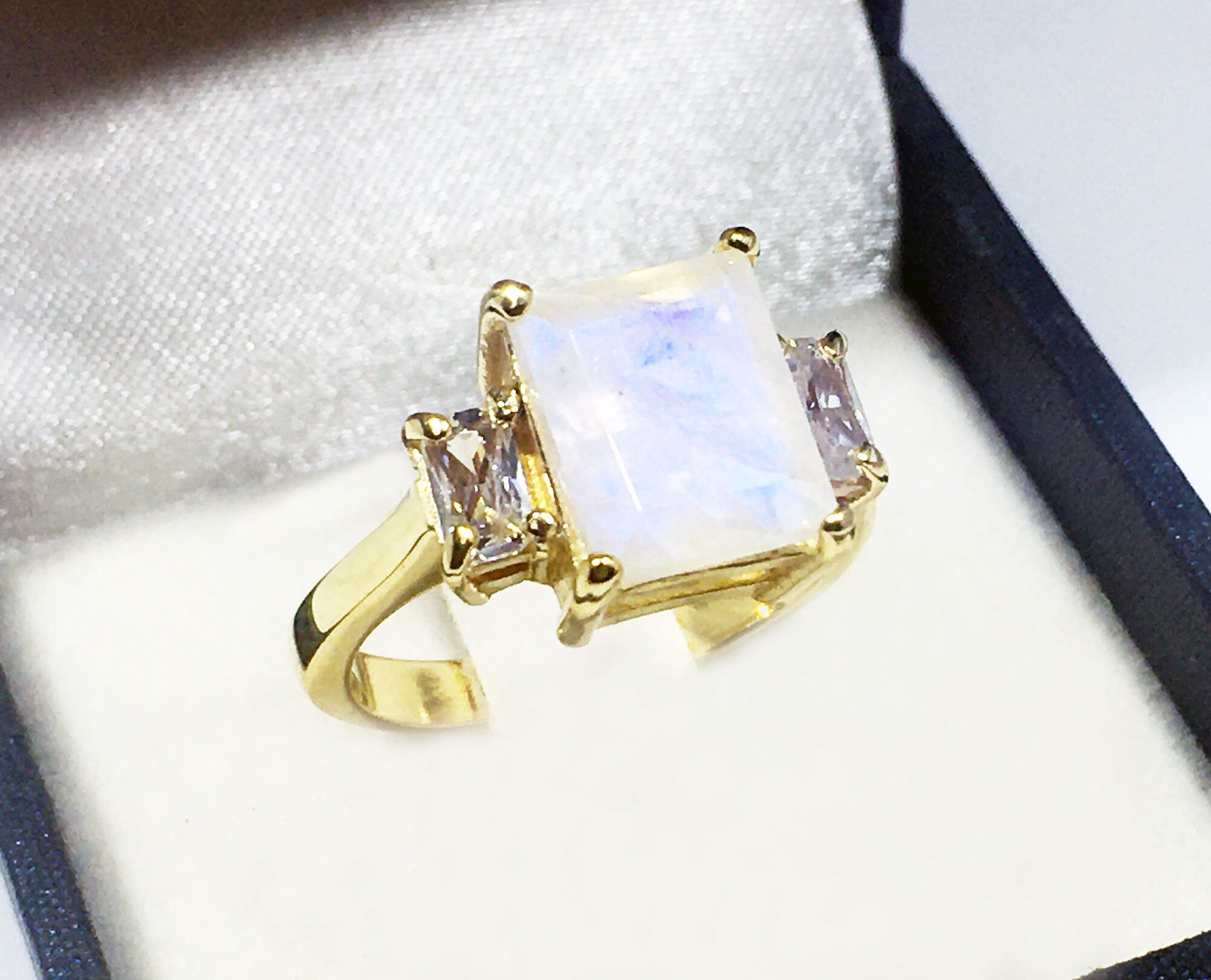 Rainbow Moonstone Ring - June Birthstone - Statement Ring - Gold Ring - Engagement Ring - Rectangle Ring - Cocktail Ring - Prong Ring