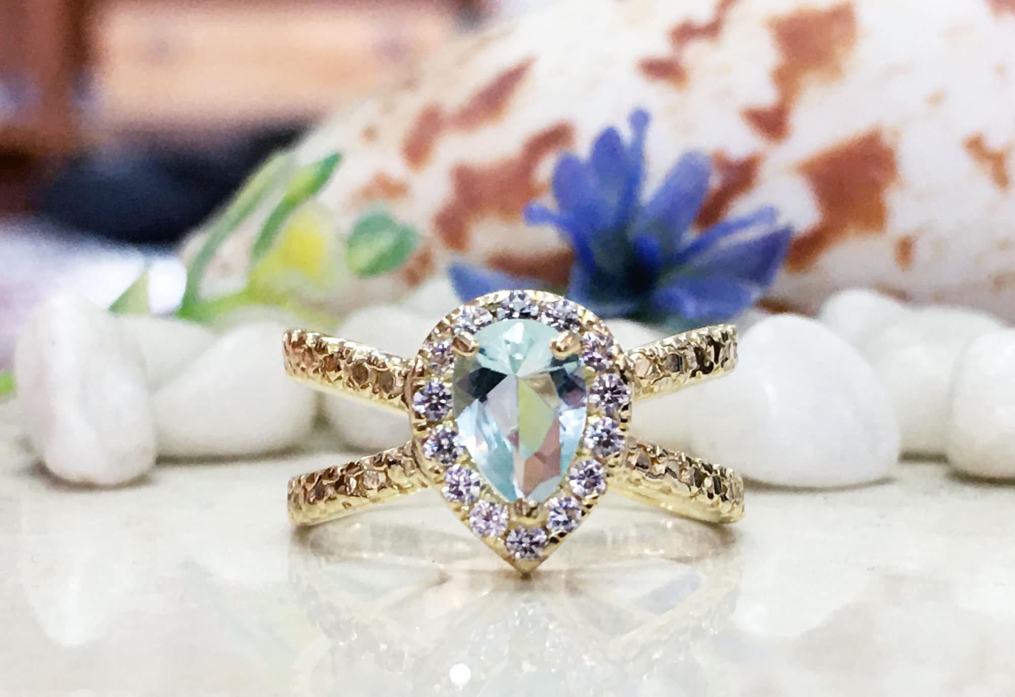 Aquamarine Ring - March Birthstone - Statement Ring - Gold Ring - Engagement Ring - Teardrop Ring - Cocktail Ring - Light Blue Ring