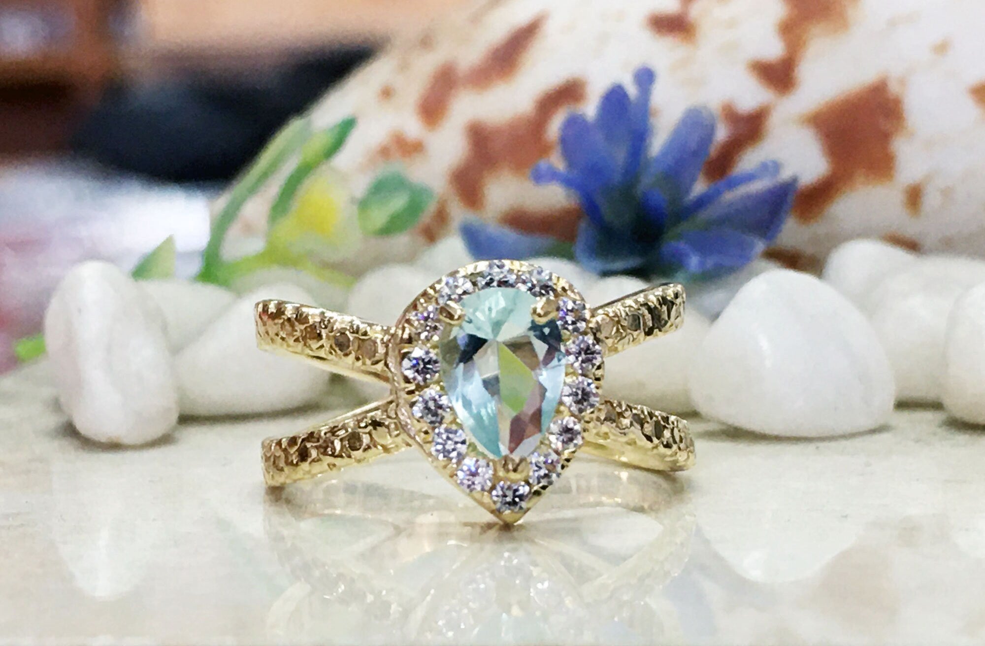 Aquamarine Ring - March Birthstone - Statement Ring - Gold Ring - Engagement Ring - Teardrop Ring - Cocktail Ring - Light Blue Ring