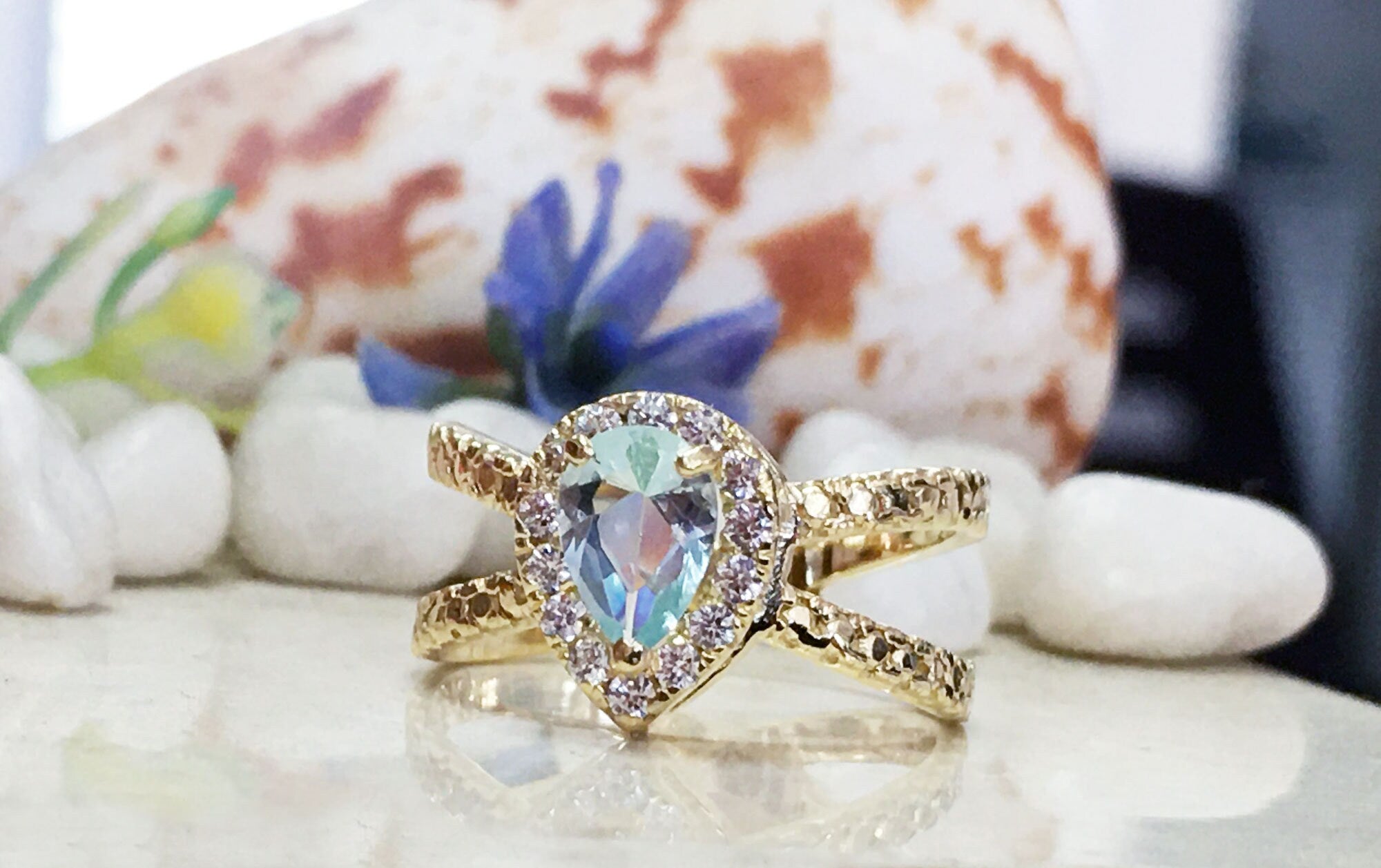 Aquamarine Ring - March Birthstone - Statement Ring - Gold Ring - Engagement Ring - Teardrop Ring - Cocktail Ring - Light Blue Ring