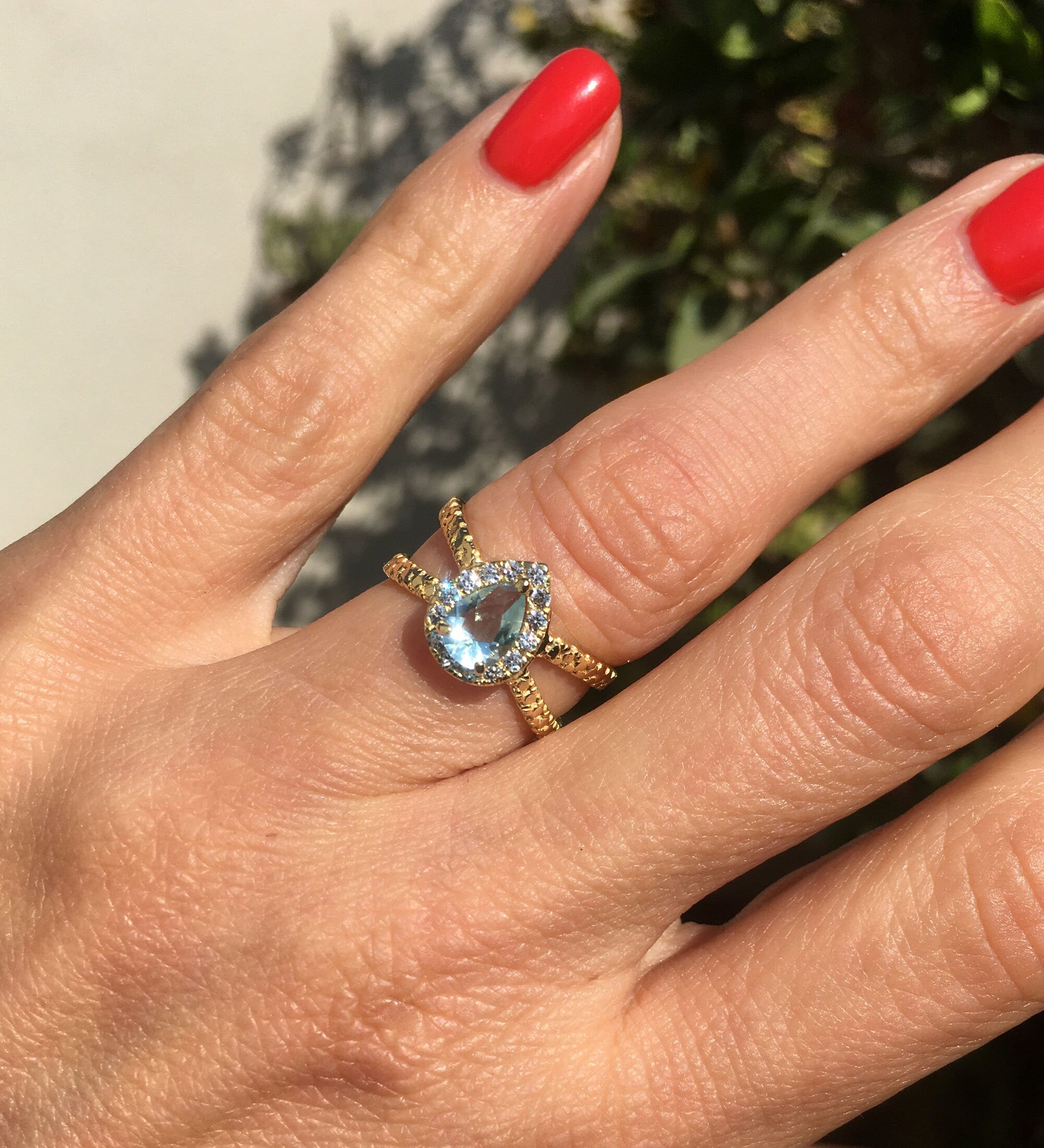 Aquamarine Ring - March Birthstone - Statement Ring - Gold Ring - Engagement Ring - Teardrop Ring - Cocktail Ring - Light Blue Ring