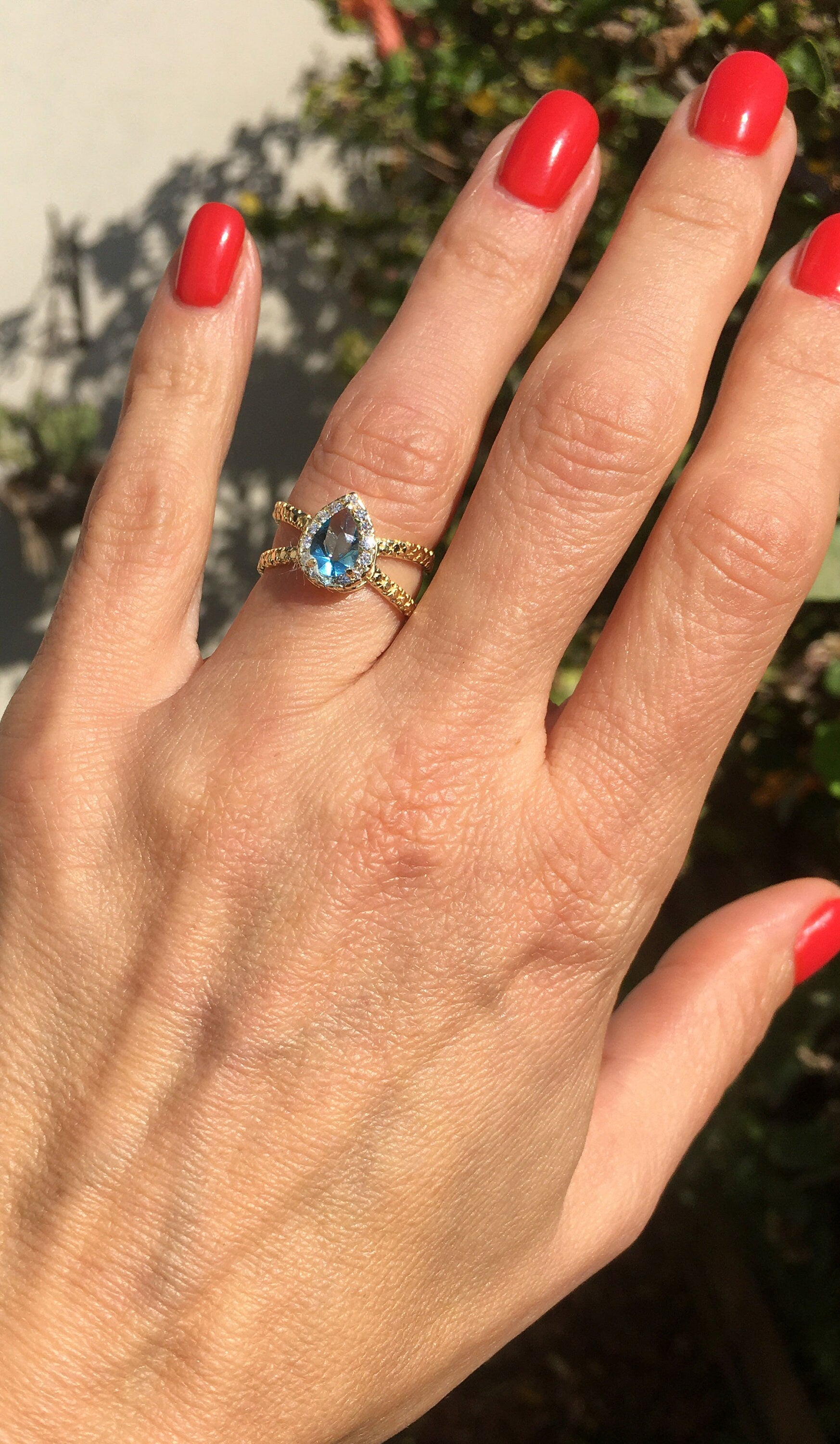 Blue Topaz Ring - December Birthstone - Gemstone Band - Gold Ring - Engagement Ring - Teardrop Ring - Cocktail Ring - Prong Ring