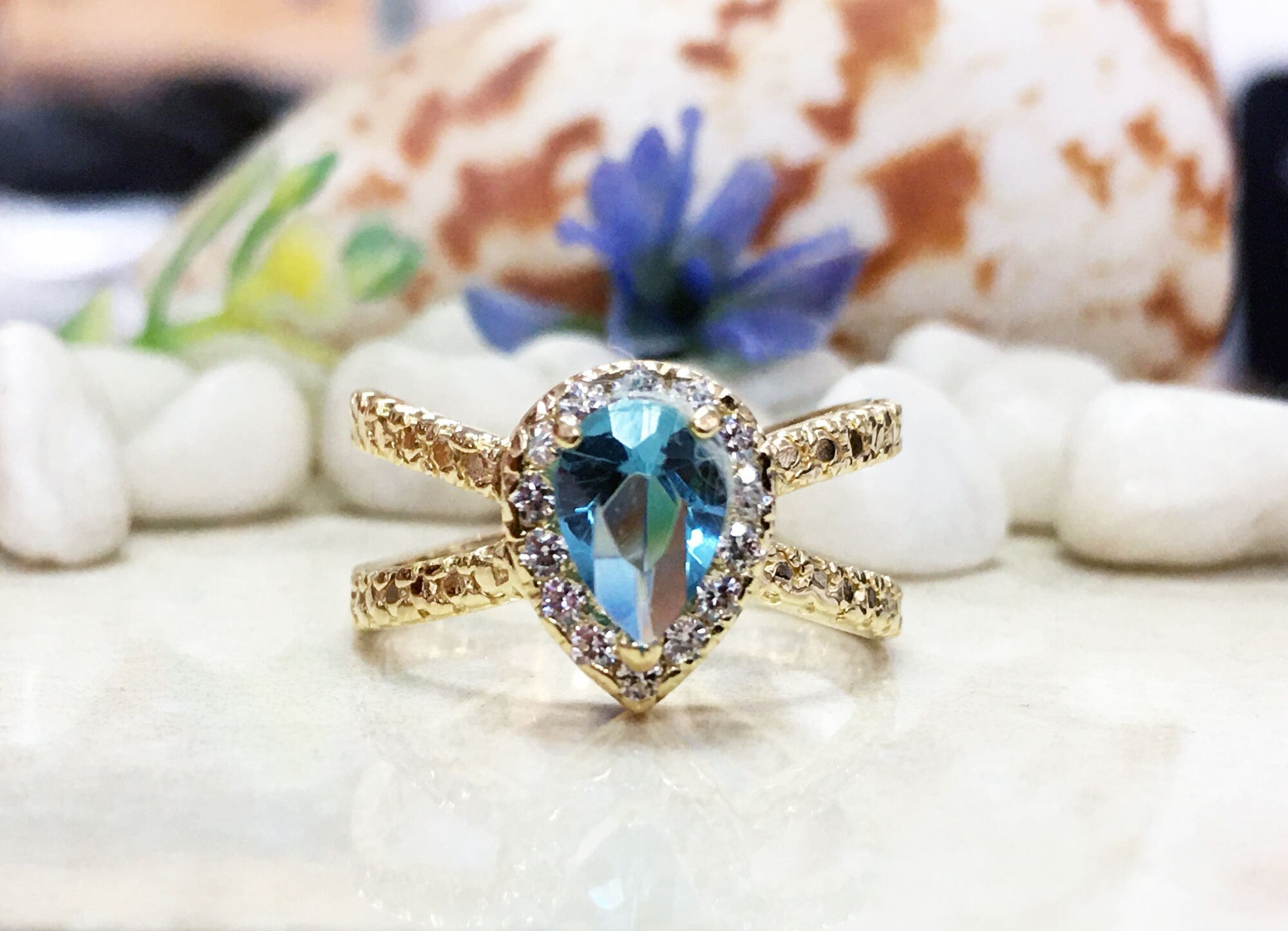 Blue Topaz Ring - December Birthstone - Gemstone Band - Gold Ring - Engagement Ring - Teardrop Ring - Cocktail Ring - Prong Ring