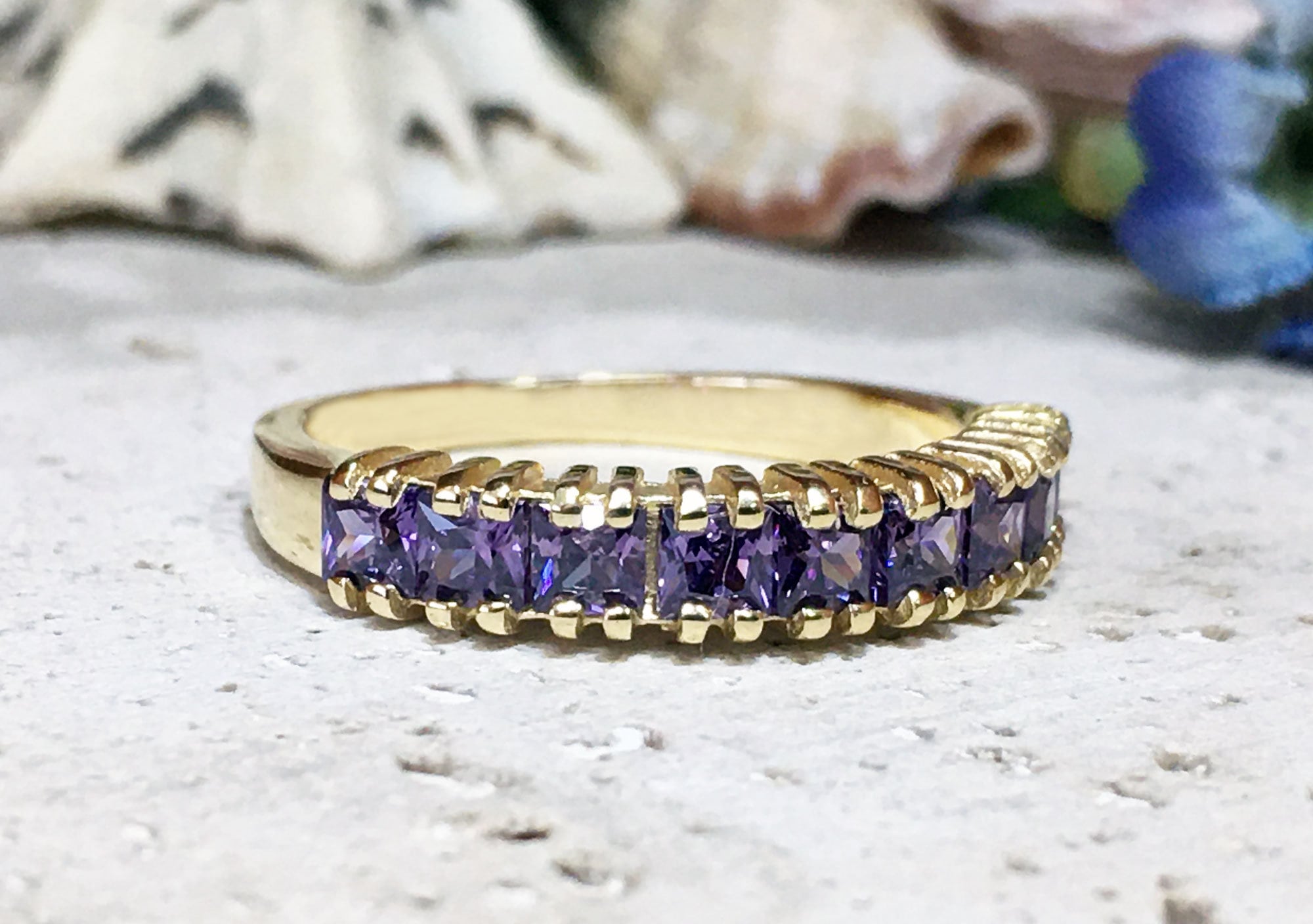 Purple Amethyst Ring - February Birthstone - Stacking Ring with Nine Square Purple Amethyst Stones