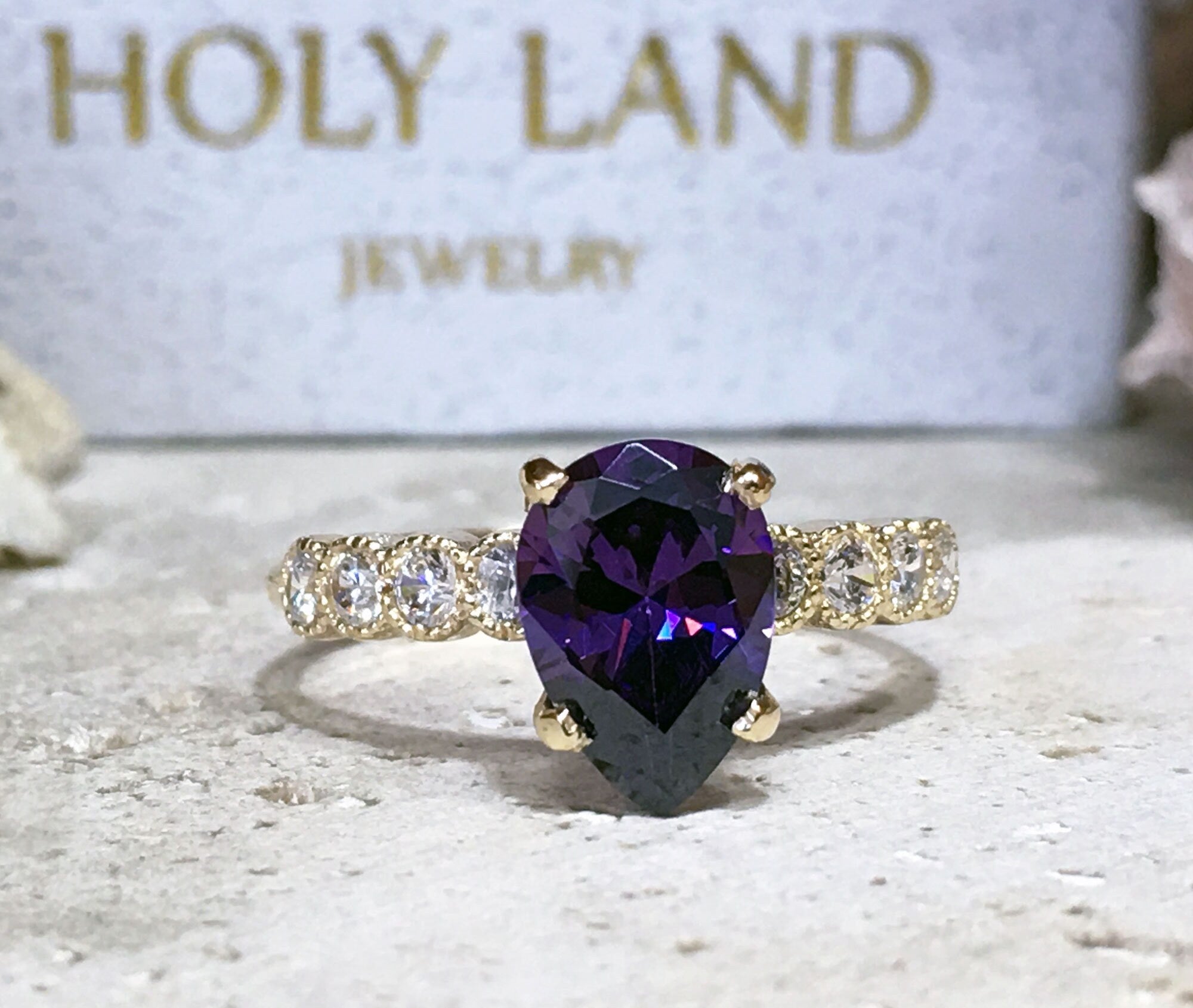 Purple Amethyst Ring - February Birthstone - Pear-Shaped Purple Amethyst Gemstone Statement Engagement Ring with Clear Quartz Accents