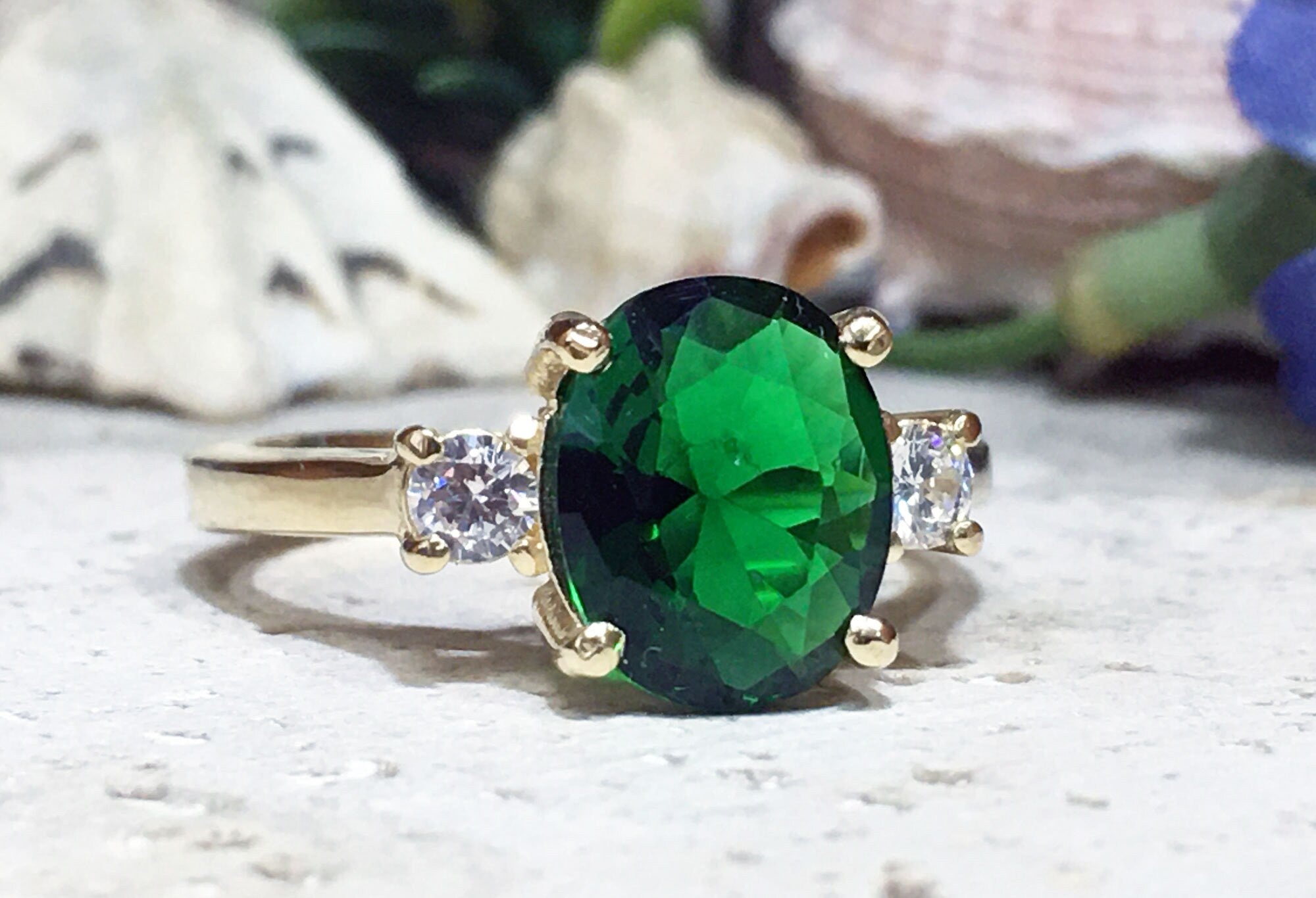 Emerald Ring - May Birthstone - Gold Ring - Gemstone Band - Statement Ring - Engagement Ring - Oval Ring - Cocktail Ring - Prong Ring