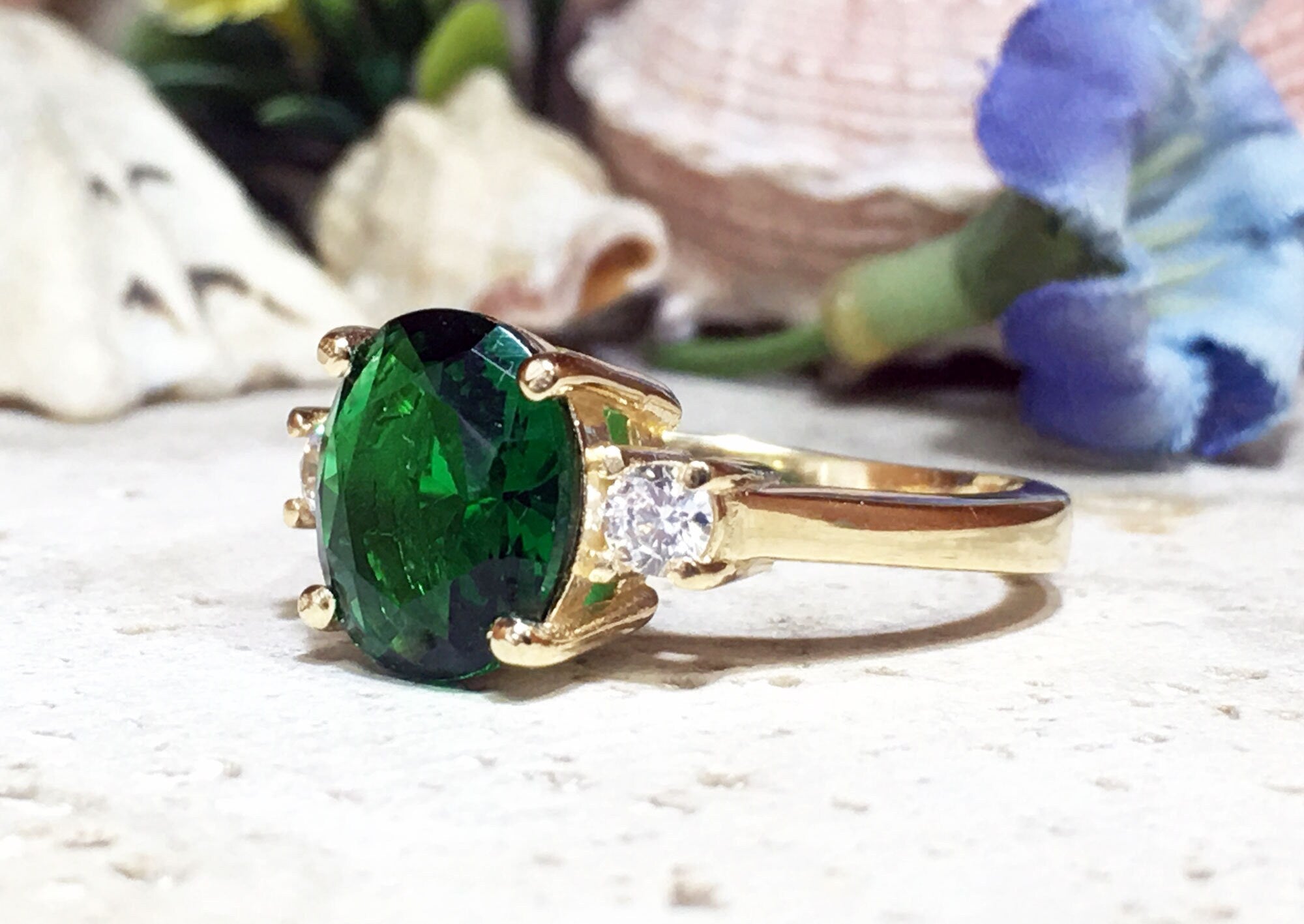 Emerald Ring - May Birthstone - Gold Ring - Gemstone Band - Statement Ring - Engagement Ring - Oval Ring - Cocktail Ring - Prong Ring