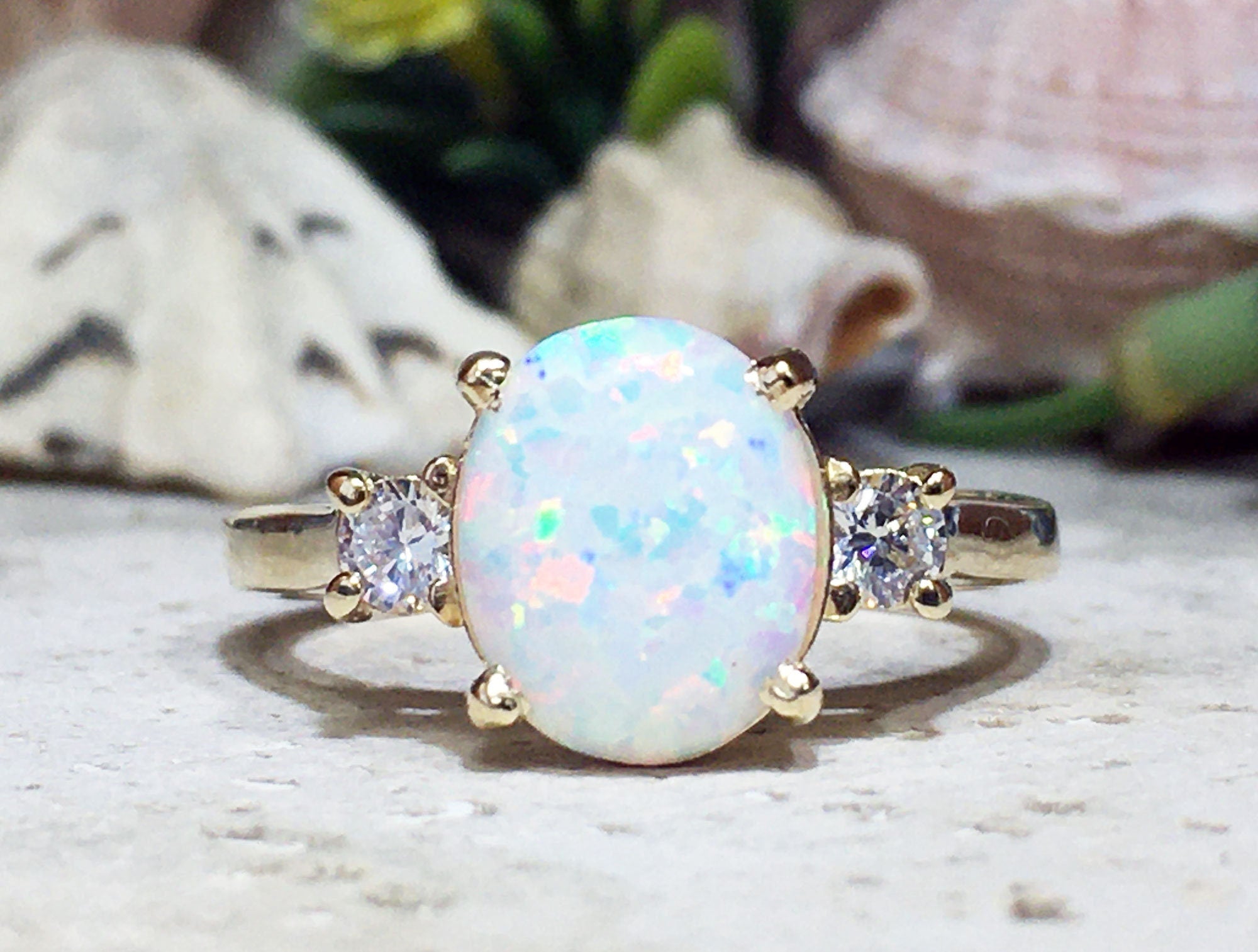 White Opal Ring - Gold Ring - Engagement Ring - Prong Ring - Oval Ring - Cocktail Ring - Gemstone Ring - Opal Jewelry - Statement Ring