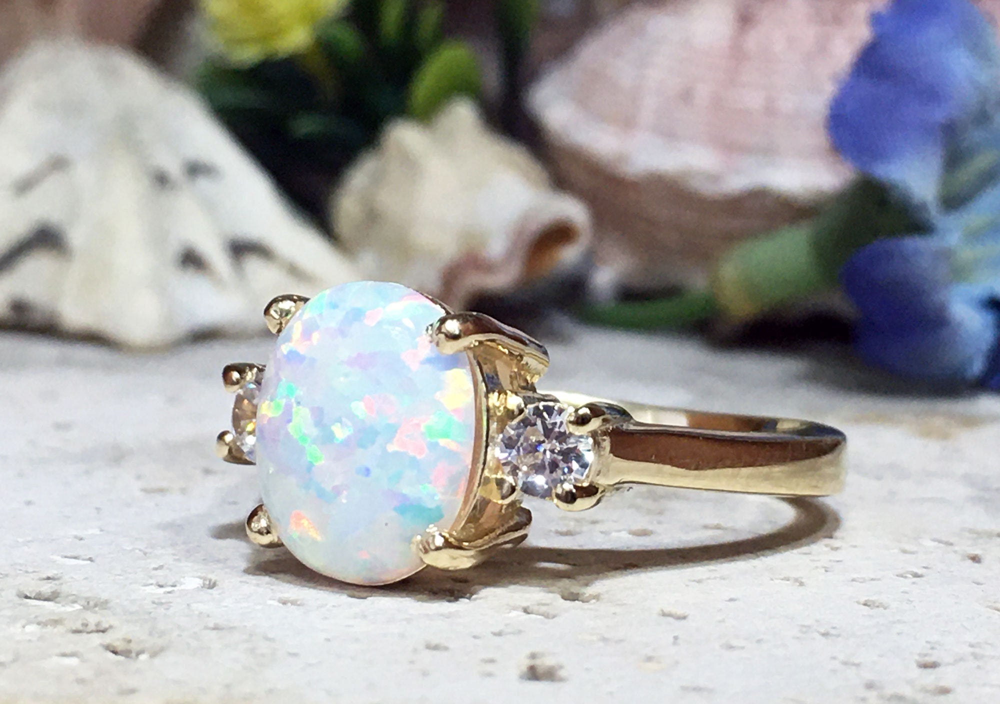 White Opal Ring - Gold Ring - Engagement Ring - Prong Ring - Oval Ring - Cocktail Ring - Gemstone Ring - Opal Jewelry - Statement Ring