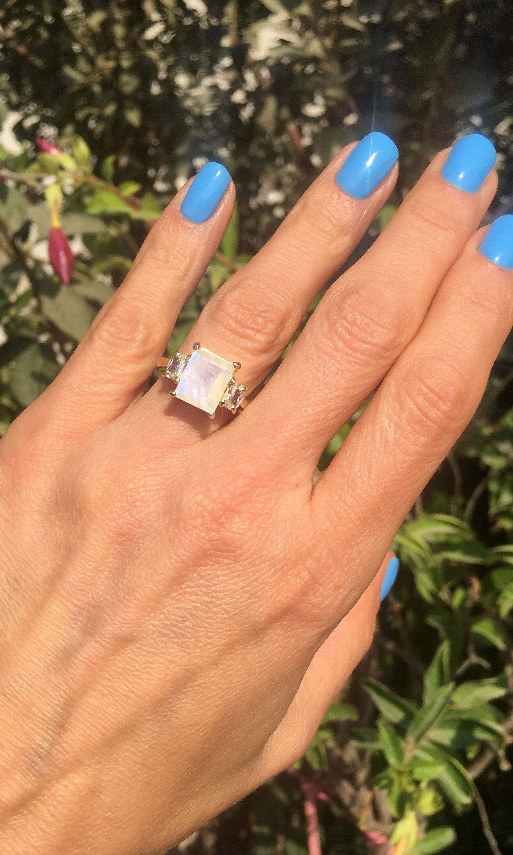 Rainbow Moonstone Ring - June Birthstone - Statement Ring - Gold Ring - Engagement Ring - Rectangle Ring - Cocktail Ring - Prong Ring