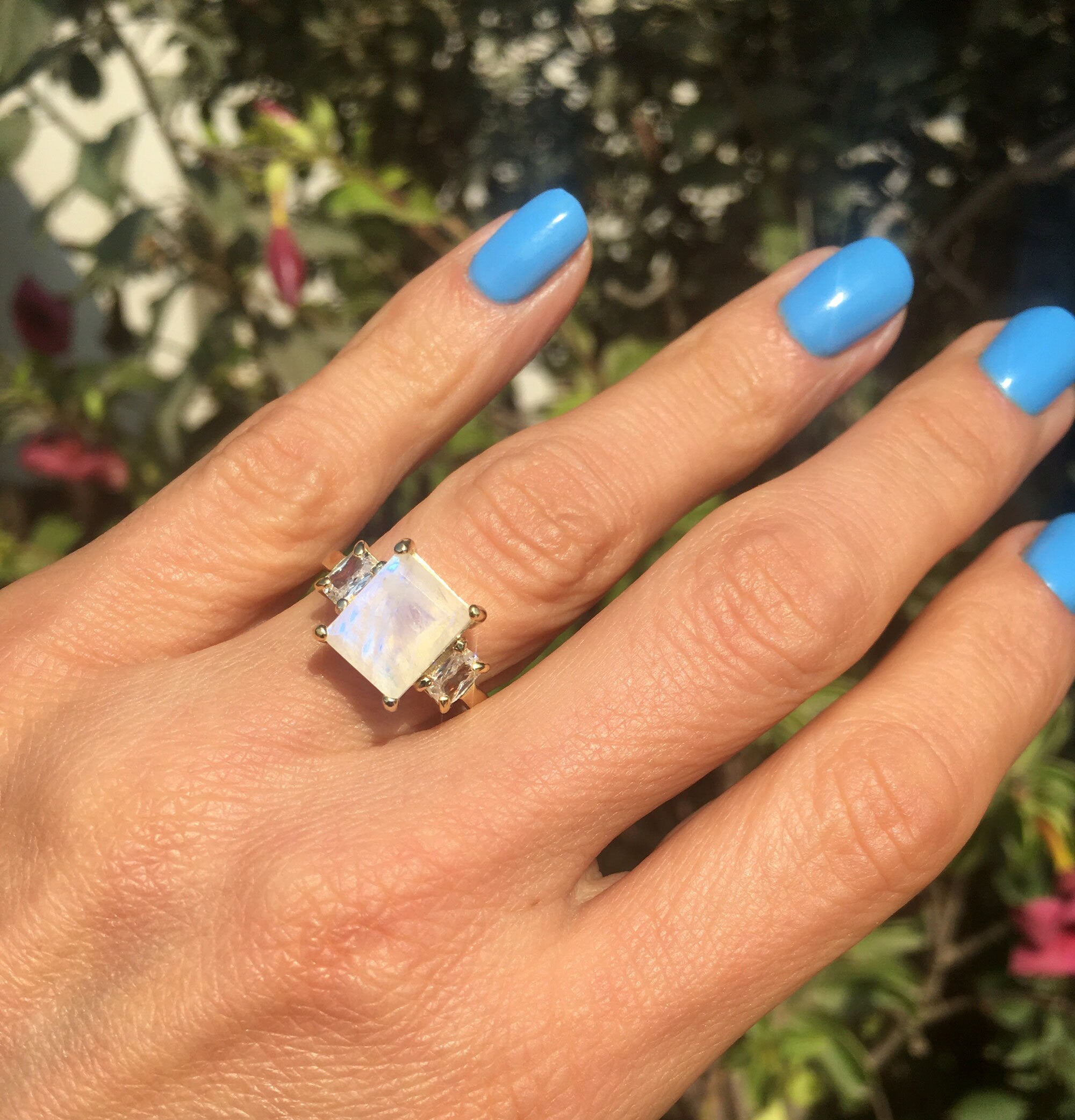 Rainbow Moonstone Ring - June Birthstone - Statement Ring - Gold Ring - Engagement Ring - Rectangle Ring - Cocktail Ring - Prong Ring