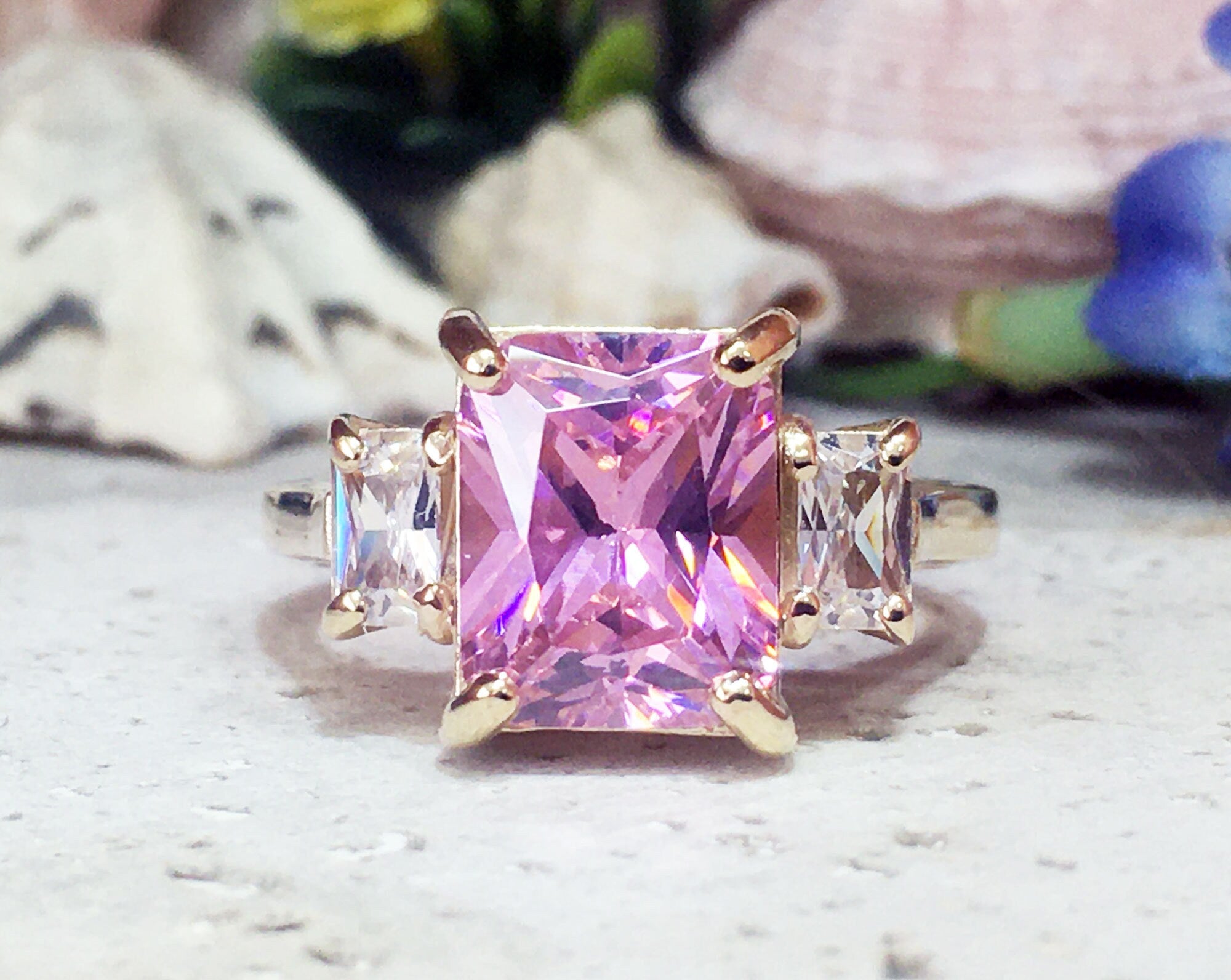 Rose Quartz Ring - October Birthstone - Statement Ring - Gold Ring - Engagement Ring - Rectangle Ring - Cocktail Ring - Pink Quartz Ring