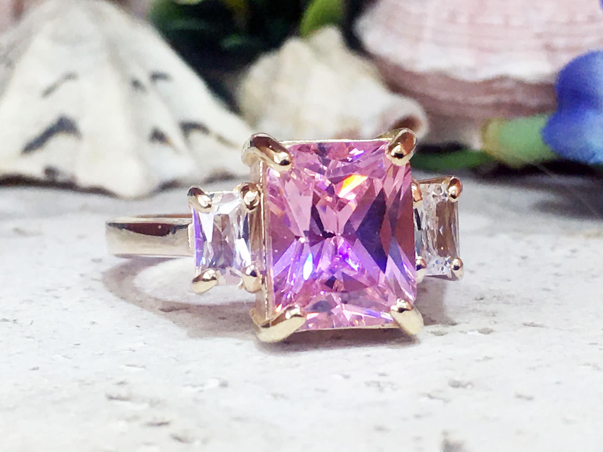 Rose Quartz Ring - October Birthstone - Statement Ring - Gold Ring - Engagement Ring - Rectangle Ring - Cocktail Ring - Pink Quartz Ring