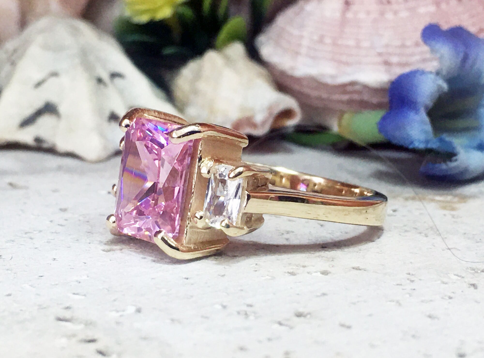 Rose Quartz Ring - October Birthstone - Statement Ring - Gold Ring - Engagement Ring - Rectangle Ring - Cocktail Ring - Pink Quartz Ring