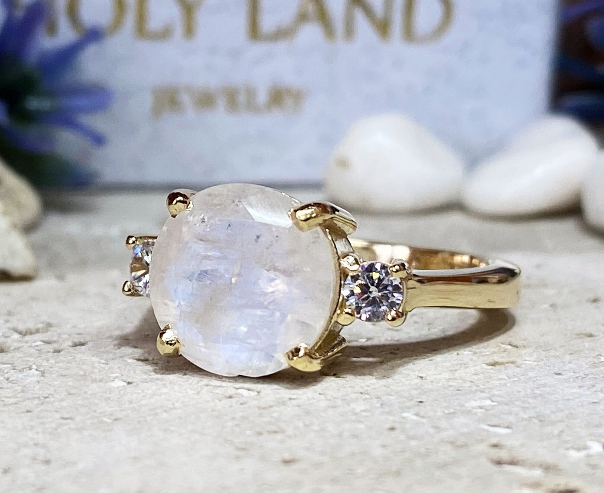 Rainbow Moonstone Ring - June Birthstone - Statement Ring - Gold Ring - Engagement Ring - Round Ring - Cocktail Ring - Prong Ring