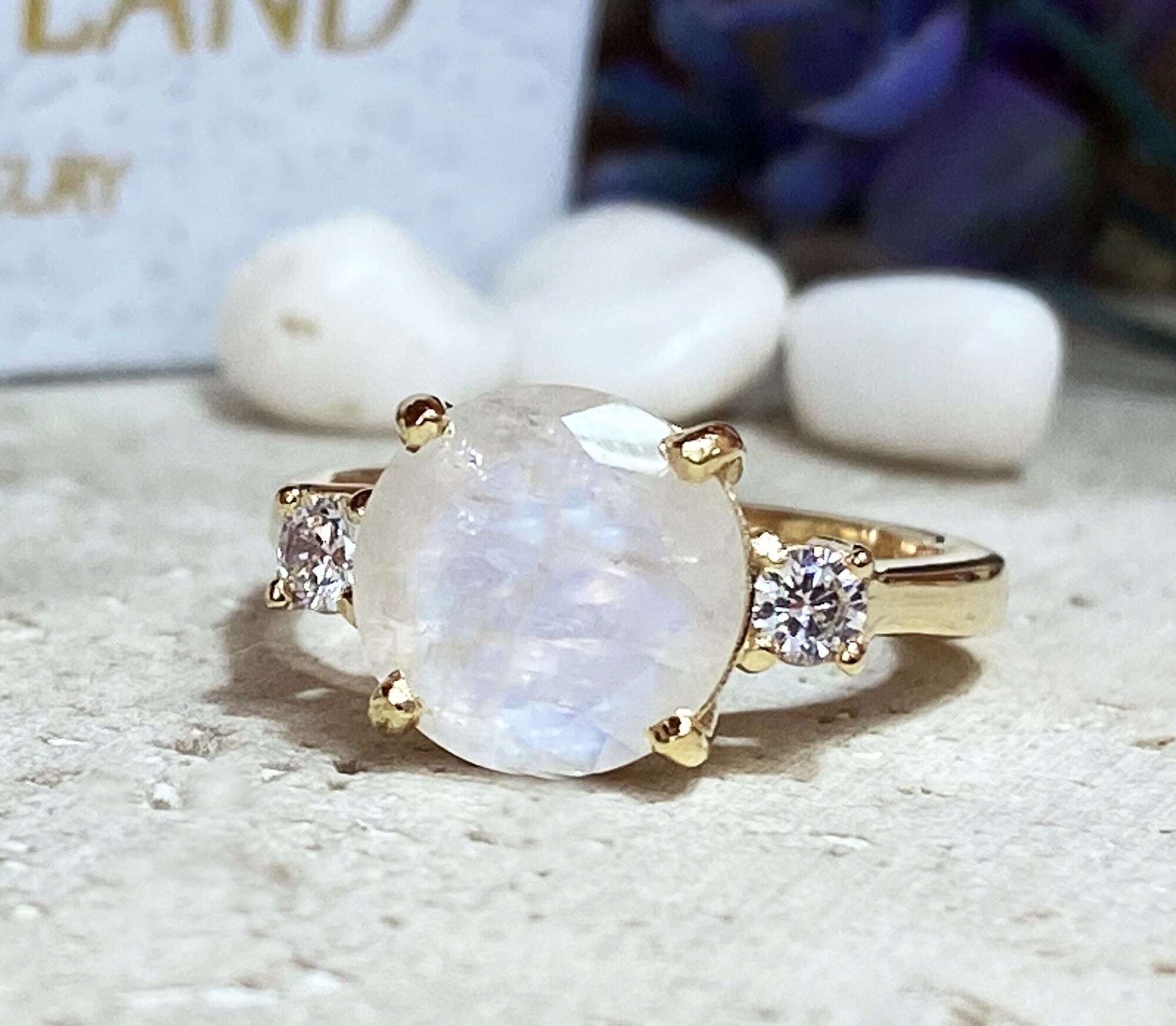 Rainbow Moonstone Ring - June Birthstone - Statement Ring - Gold Ring - Engagement Ring - Round Ring - Cocktail Ring - Prong Ring