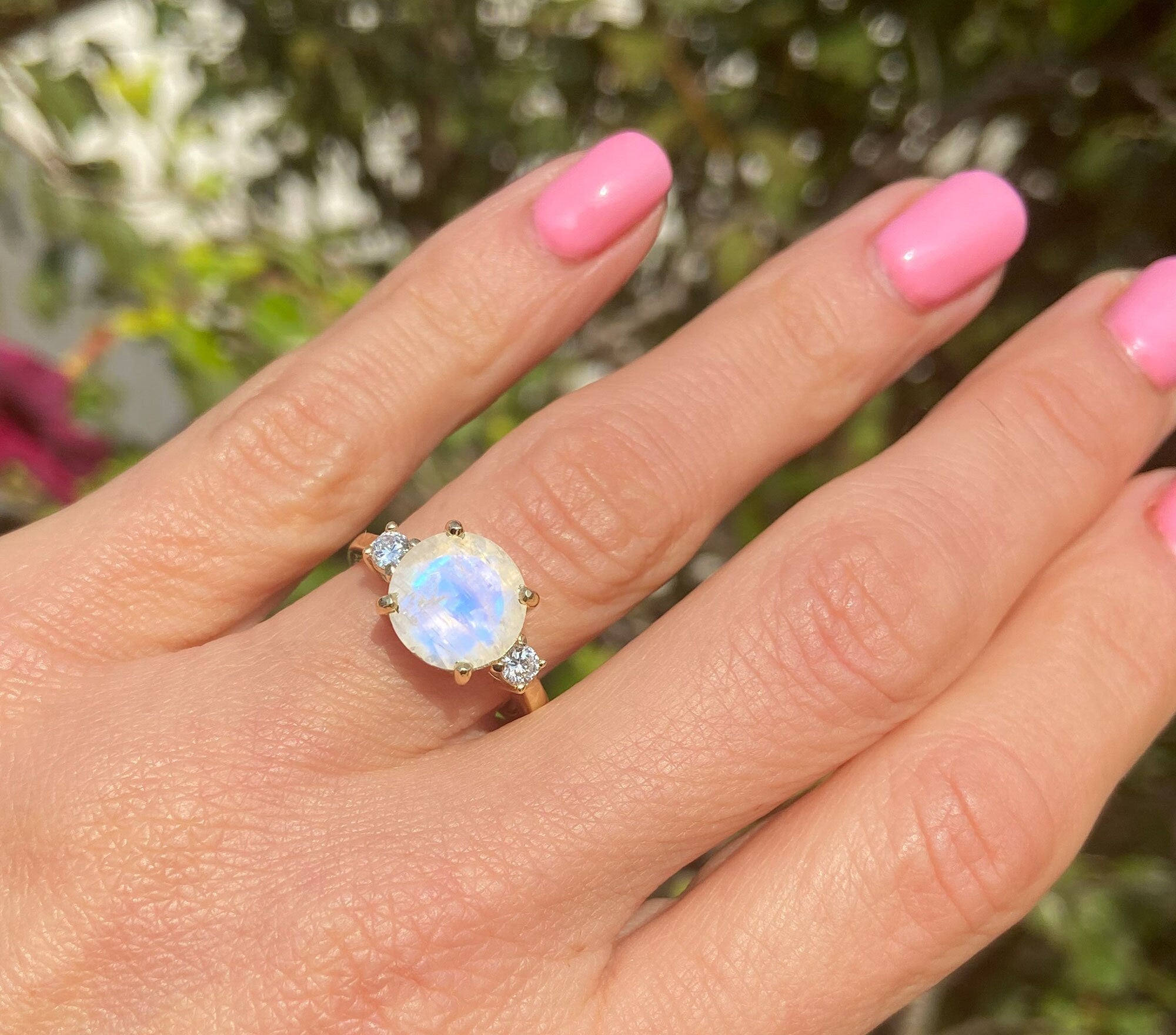 Rainbow Moonstone Ring - June Birthstone - Statement Ring - Gold Ring - Engagement Ring - Round Ring - Cocktail Ring - Prong Ring