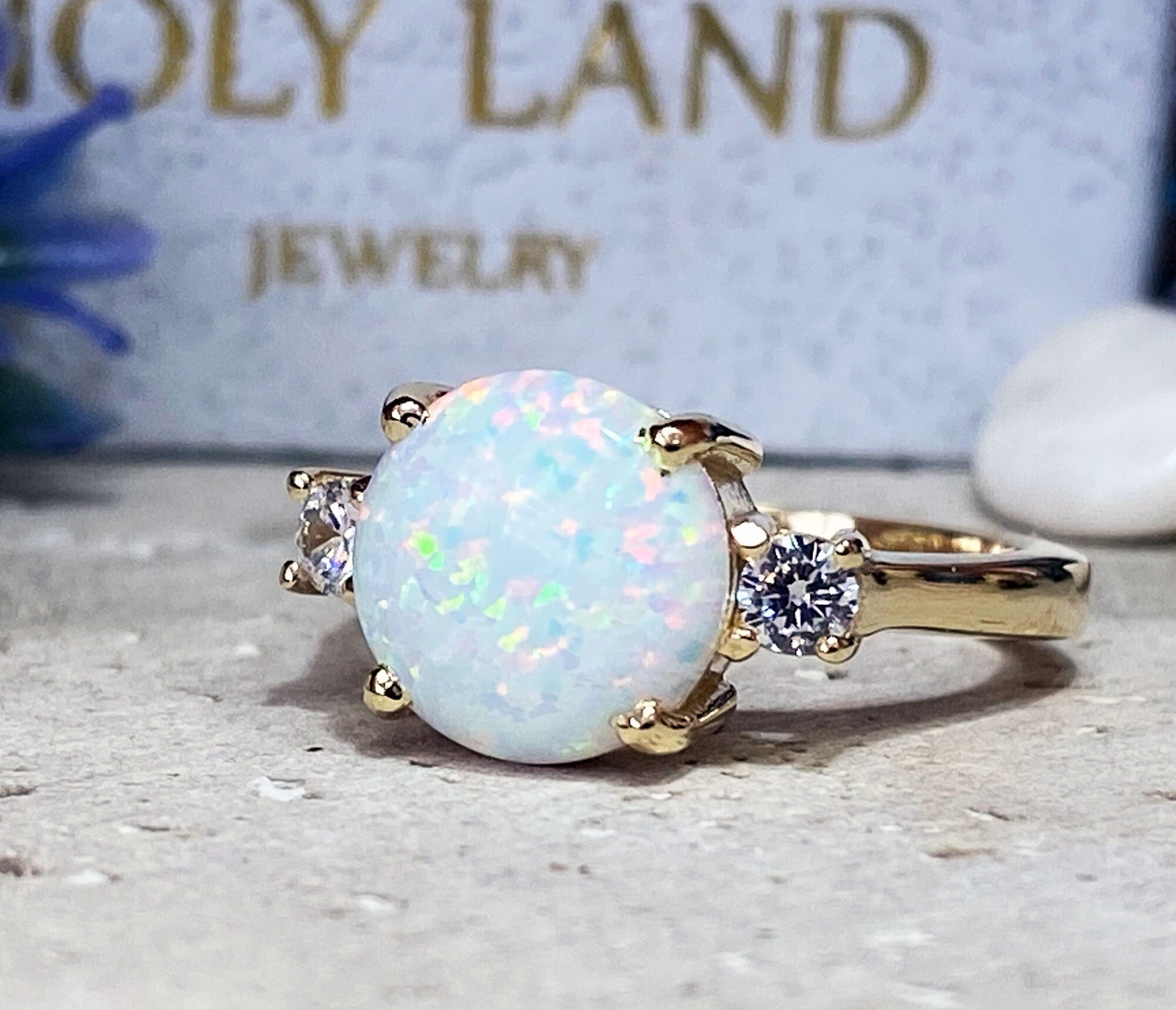 White Opal Ring - Gold Ring - Engagement Ring - Prong Ring - Round Ring - Cocktail Ring - Gemstone Ring - Opal Jewelry - Statement Ring