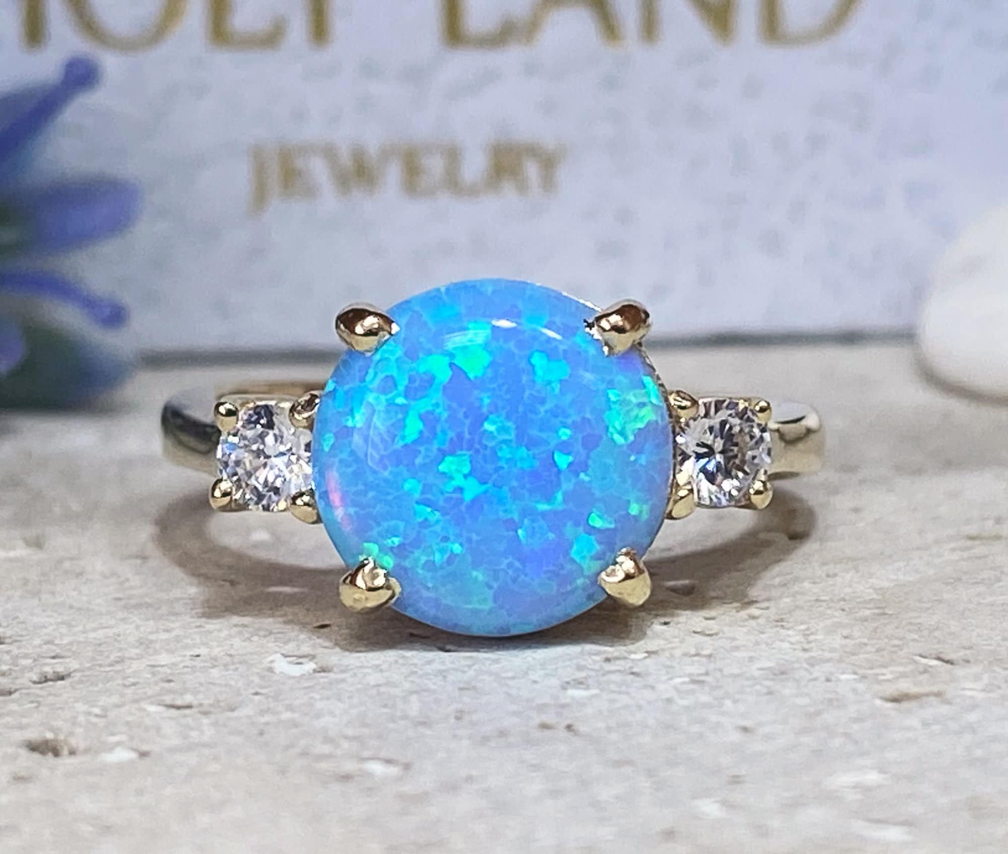 Blue Opal Ring - Gold Ring - Engagement Ring - Prong Ring - Round Ring - Cocktail Ring - Statement Ring - Opal Jewelry - October Birthstone