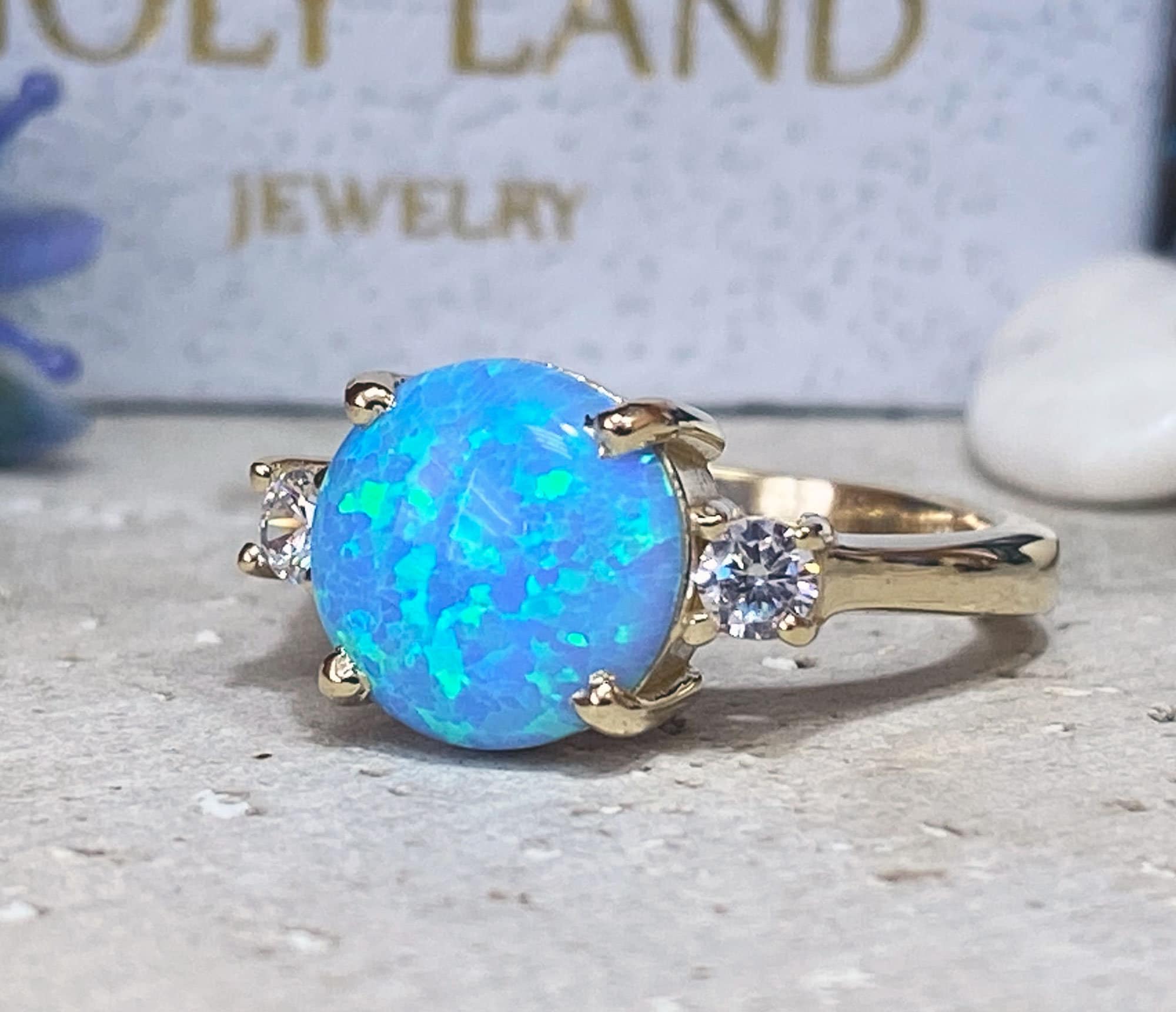 Blue Opal Ring - Gold Ring - Engagement Ring - Prong Ring - Round Ring - Cocktail Ring - Statement Ring - Opal Jewelry - October Birthstone