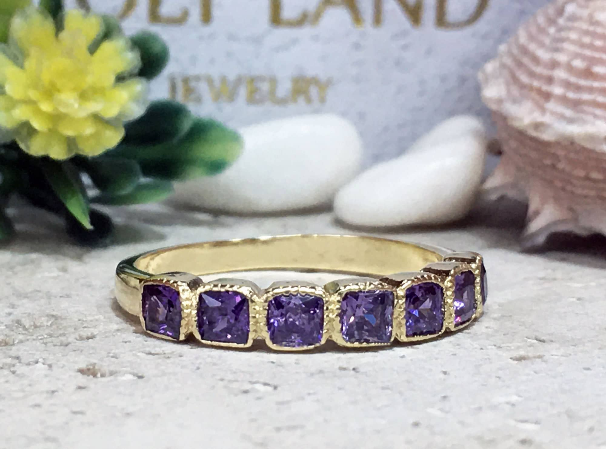 Purple Amethyst Ring - February Birthstone - Seven Square Purple Amethyst Gemstones Stacking Ring