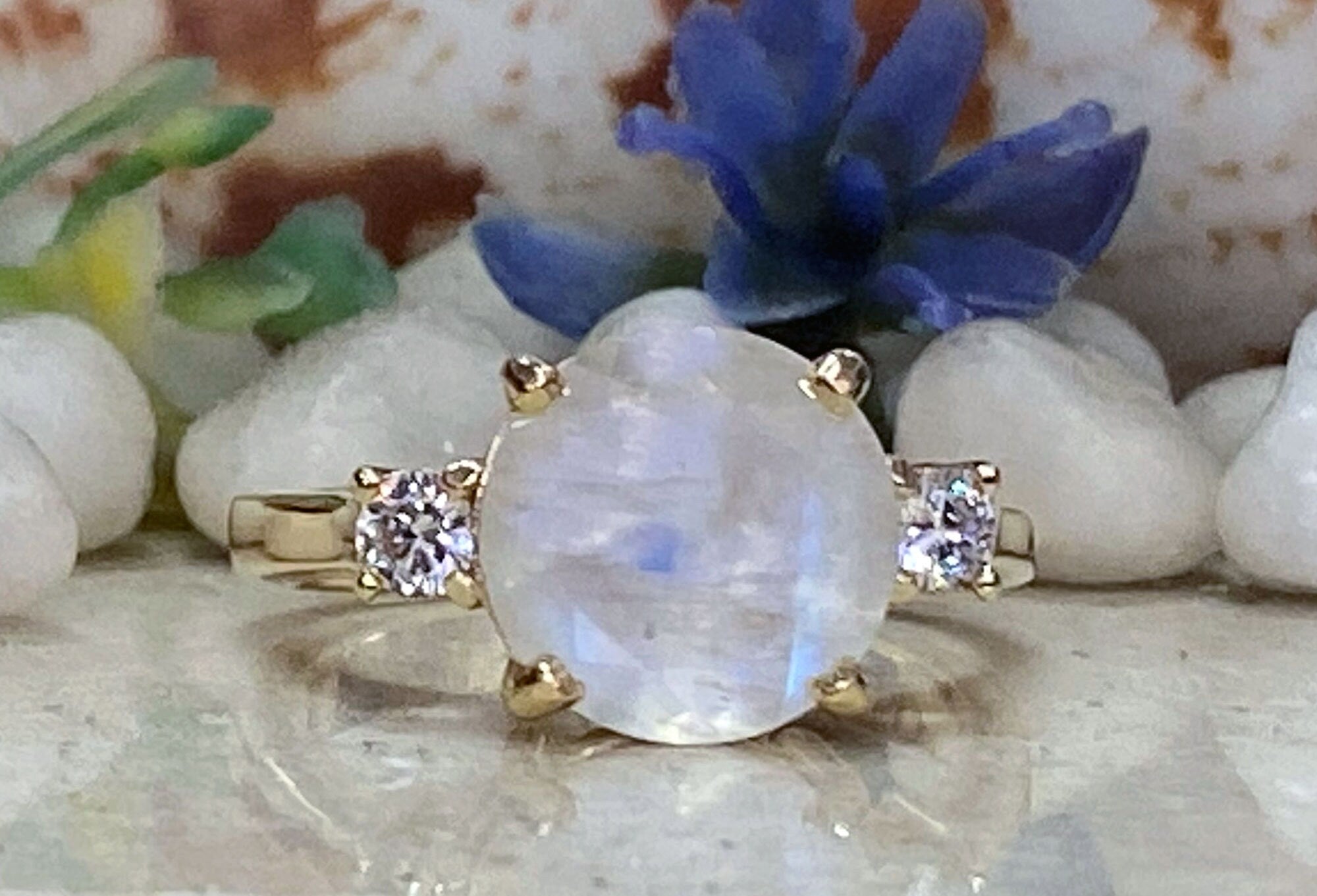 Rainbow Moonstone Ring - June Birthstone - Statement Ring - Gold Ring - Engagement Ring - Round Ring - Cocktail Ring - Prong Ring