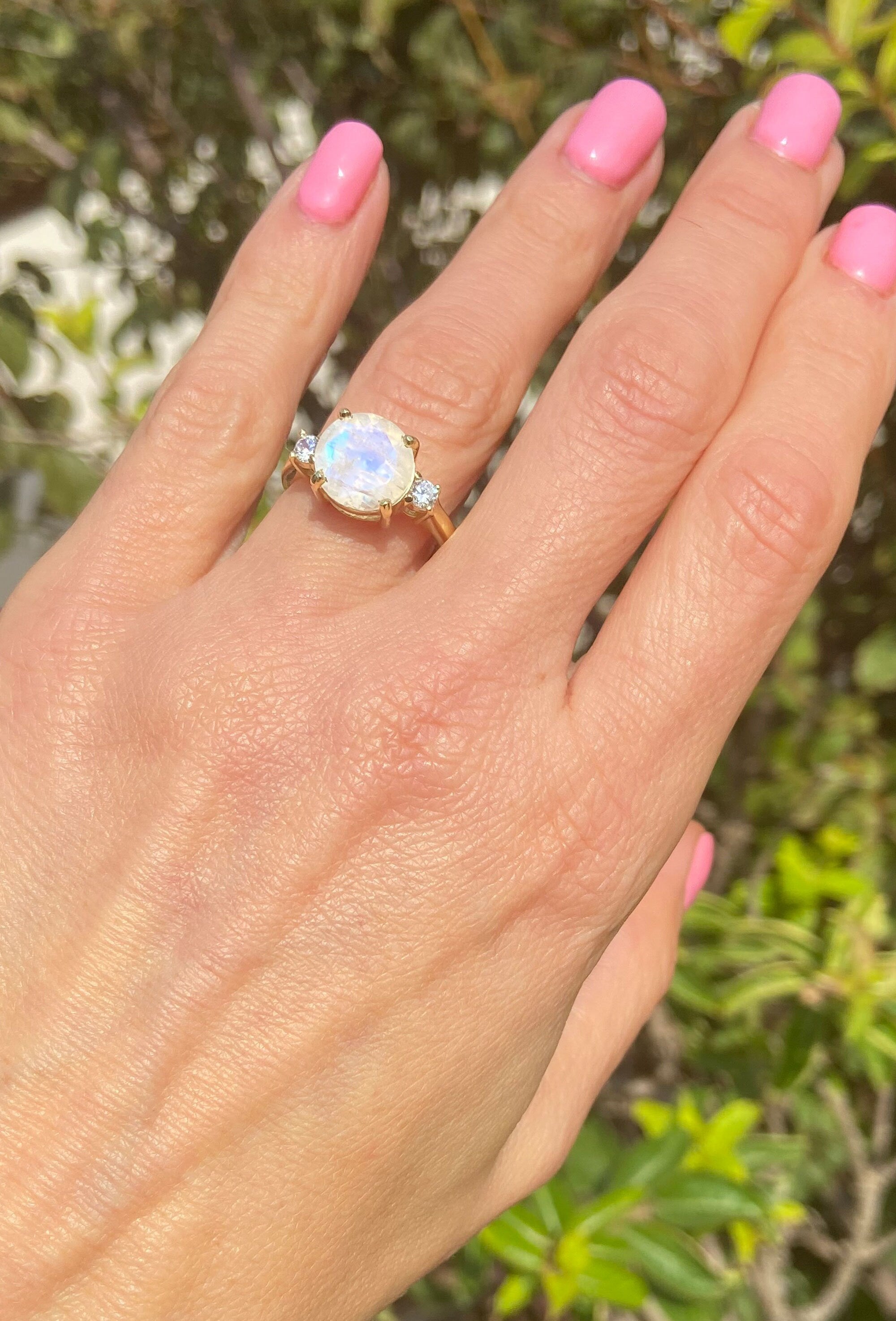 Rainbow Moonstone Ring - June Birthstone - Statement Ring - Gold Ring - Engagement Ring - Round Ring - Cocktail Ring - Prong Ring