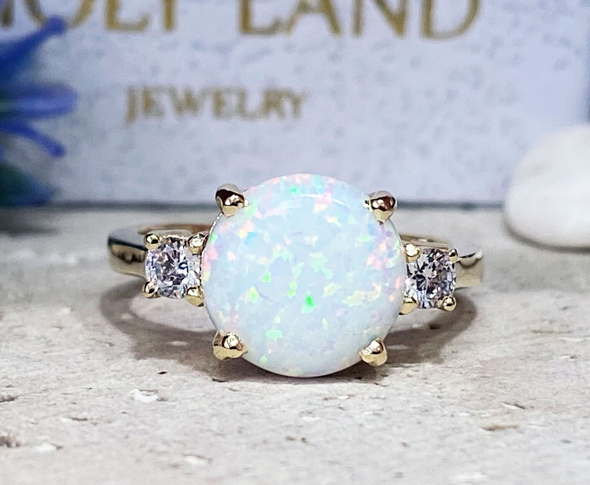 White Opal Ring - Gold Ring - Engagement Ring - Prong Ring - Round Ring - Cocktail Ring - Gemstone Ring - Opal Jewelry - Statement Ring