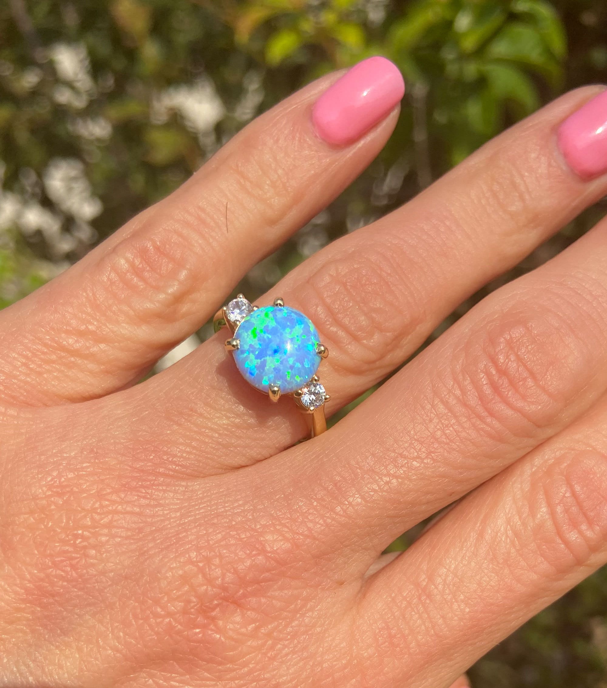 Blue Opal Ring - Gold Ring - Engagement Ring - Prong Ring - Round Ring - Cocktail Ring - Statement Ring - Opal Jewelry - October Birthstone