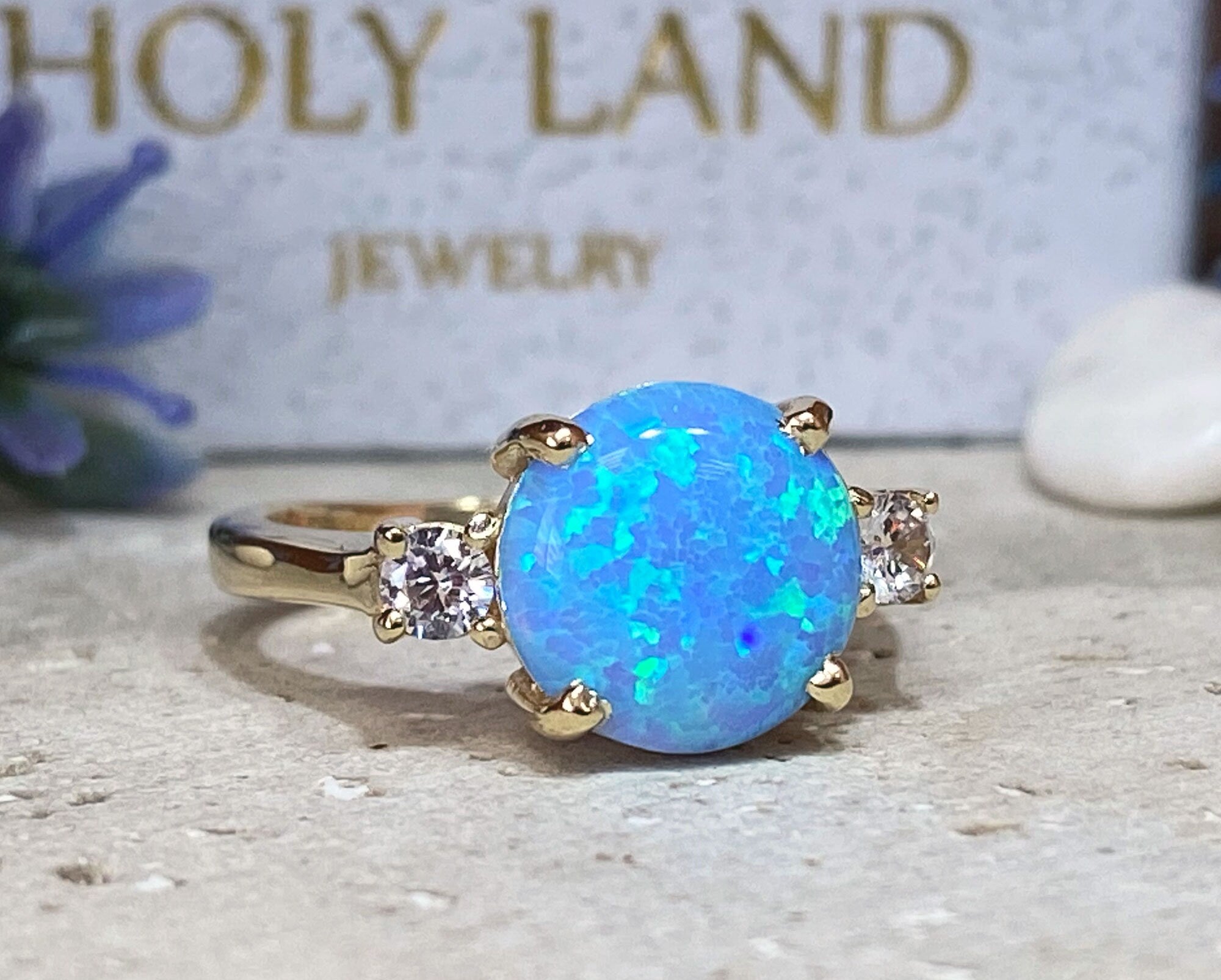 Blue Opal Ring - Gold Ring - Engagement Ring - Prong Ring - Round Ring - Cocktail Ring - Statement Ring - Opal Jewelry - October Birthstone