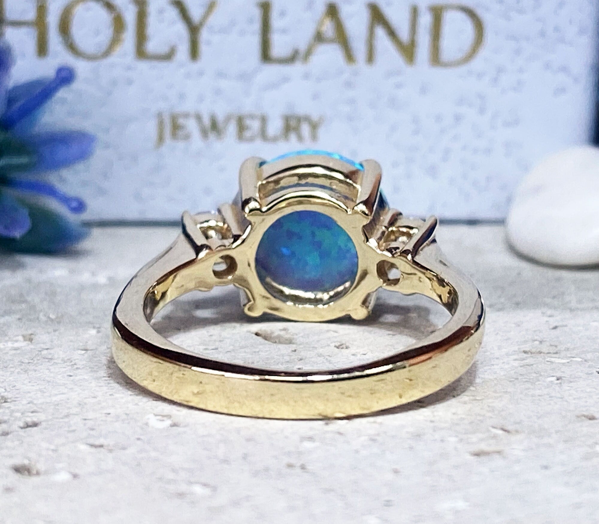 Blue Opal Ring - Gold Ring - Engagement Ring - Prong Ring - Round Ring - Cocktail Ring - Statement Ring - Opal Jewelry - October Birthstone