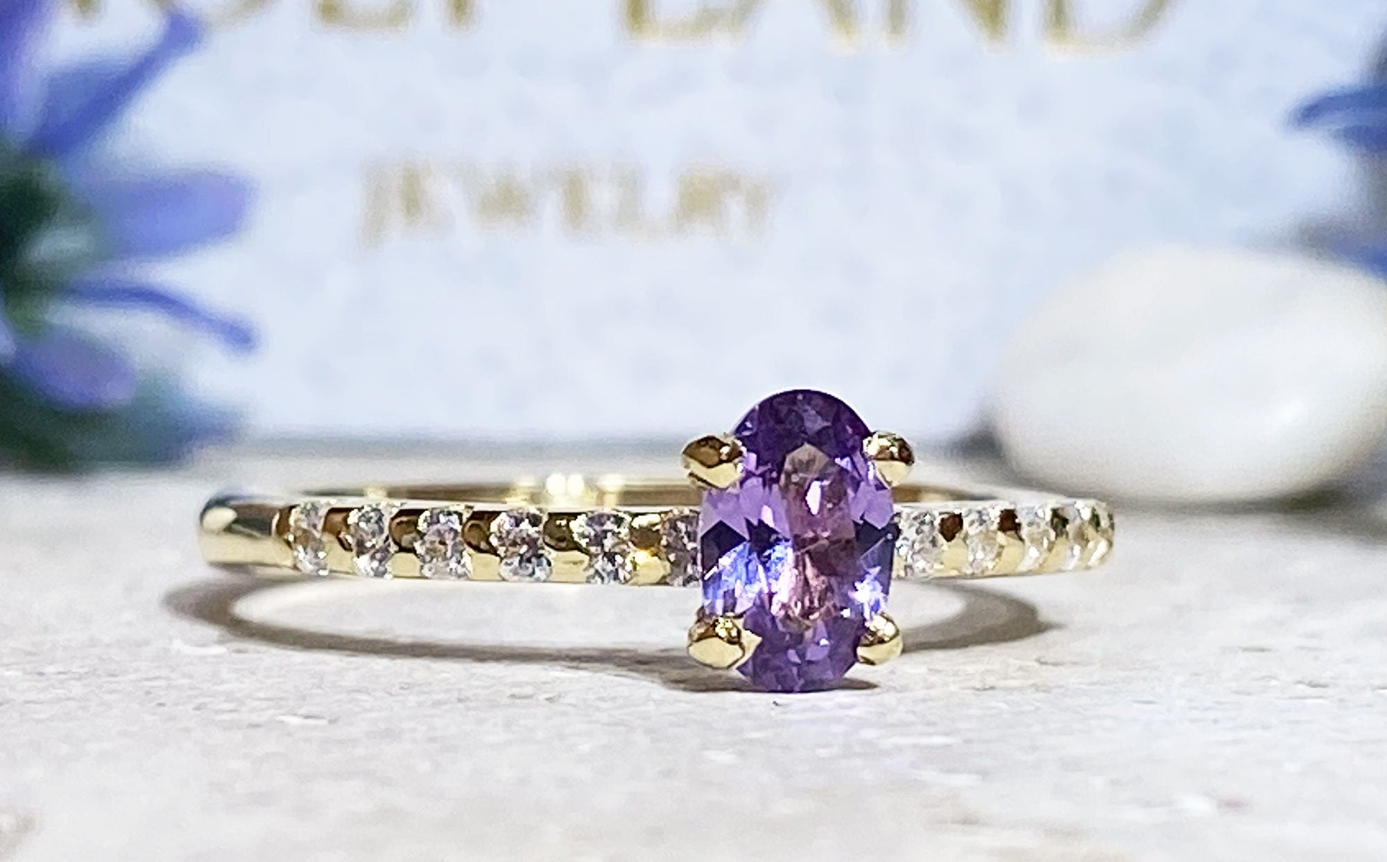 Alexandrite Ring - June Birthstone - Ring with Oval Alexandrite Gemstone and Clear Quartz Accents