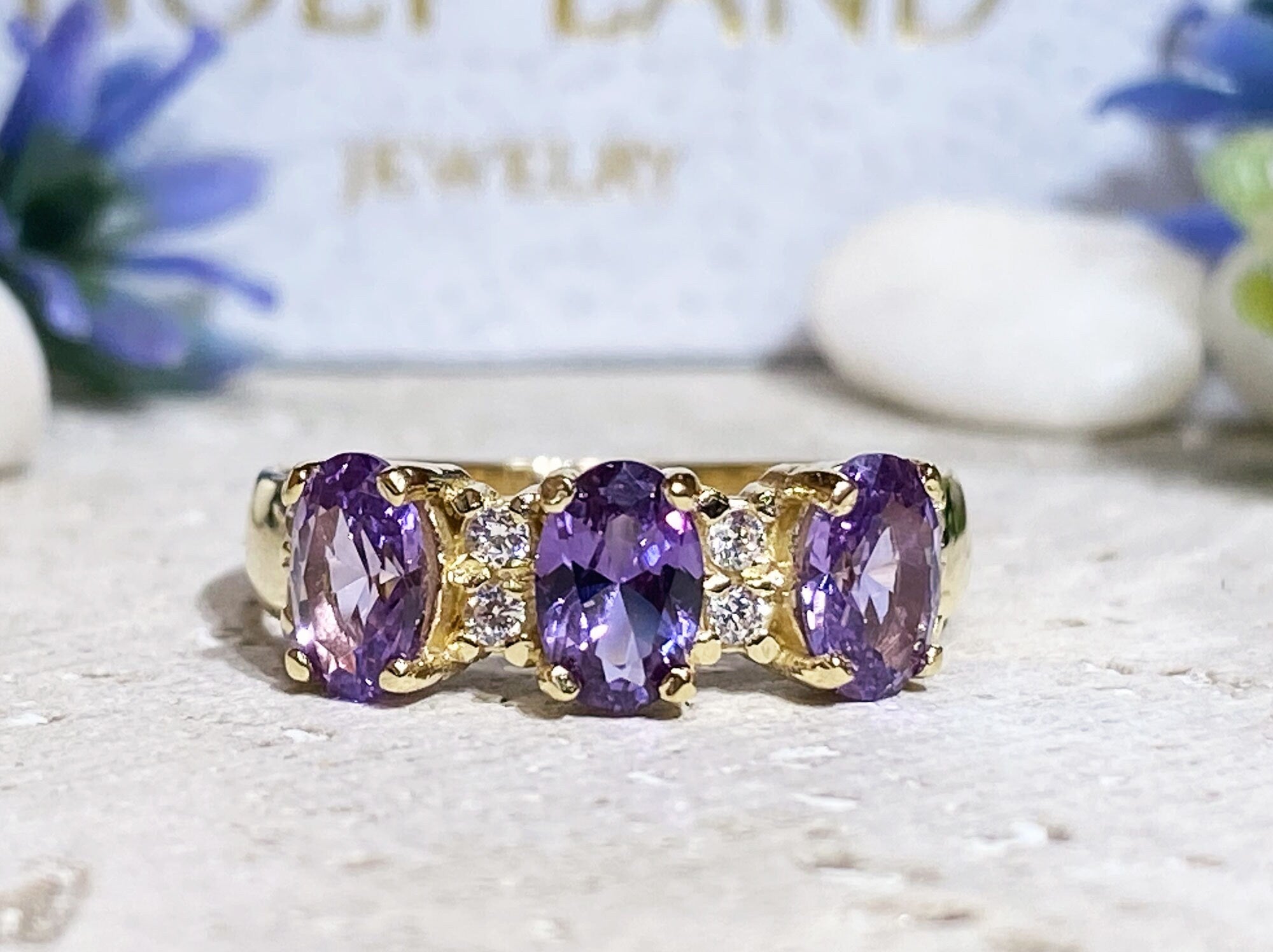 Alexandrite Ring - June Birthstone - Ring with Three Oval Alexandrite Gemstones and Clear Quartz Accents