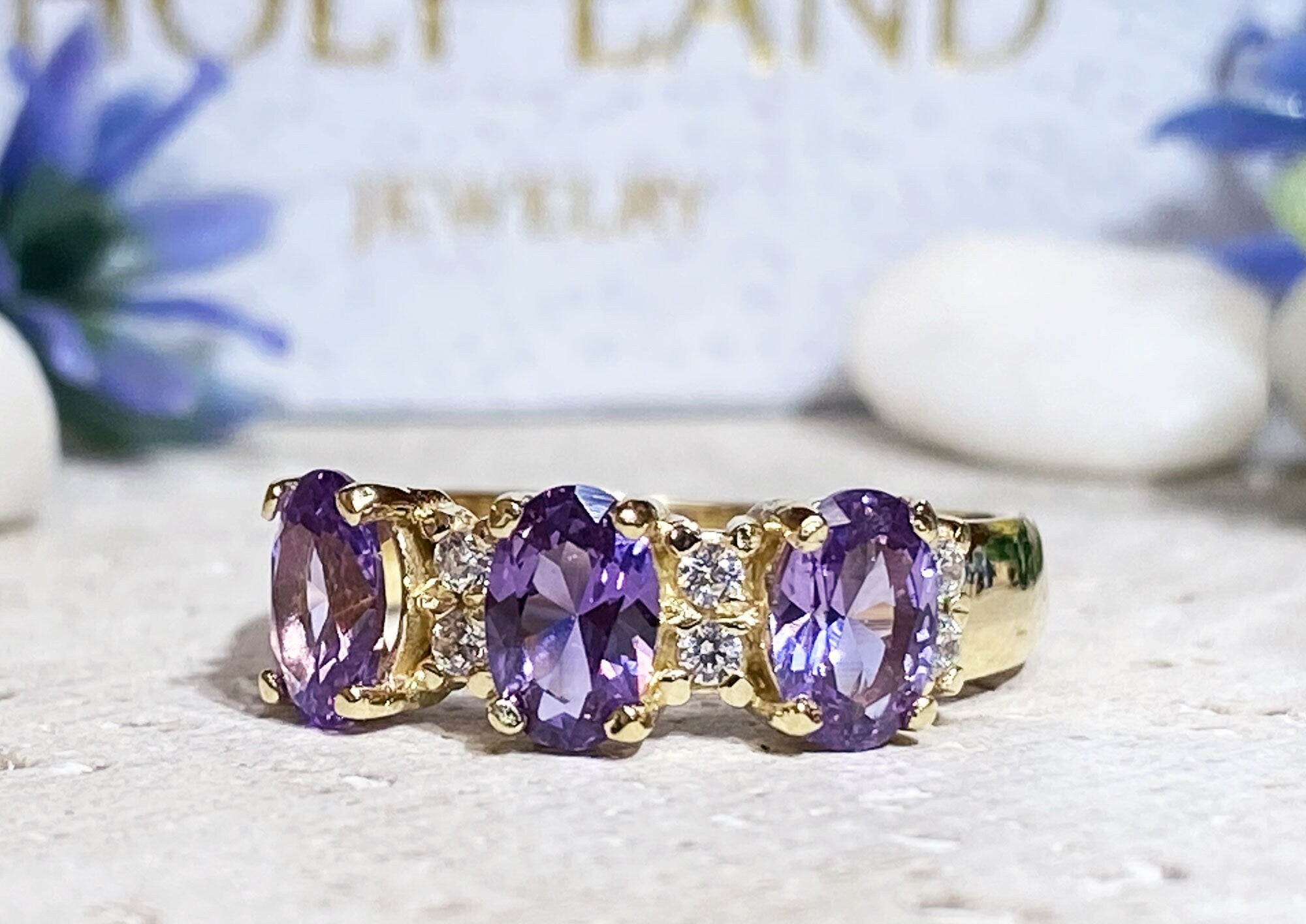 Alexandrite Ring - June Birthstone - Ring with Three Oval Alexandrite Gemstones and Clear Quartz Accents