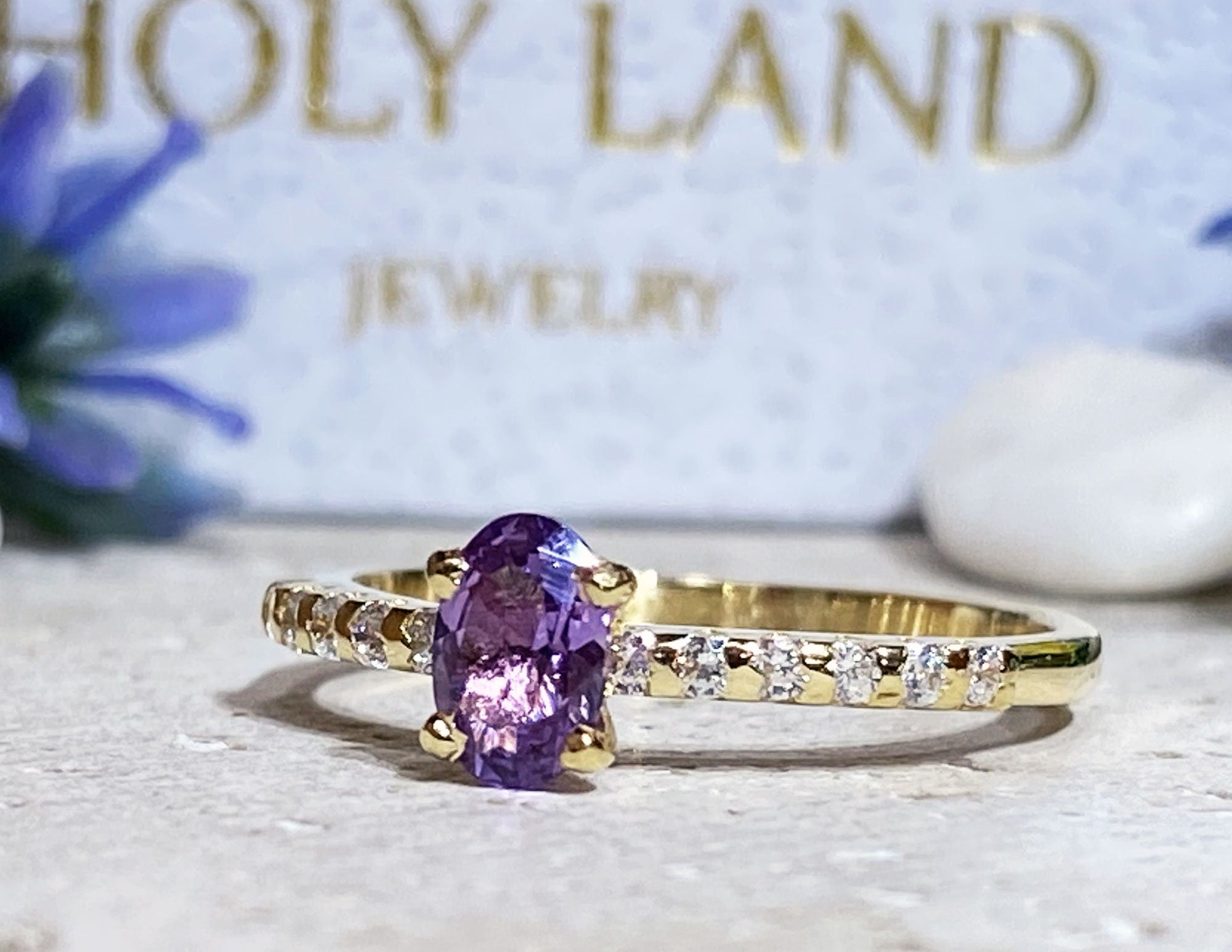 Alexandrite Ring - June Birthstone - Ring with Oval Alexandrite Gemstone and Clear Quartz Accents