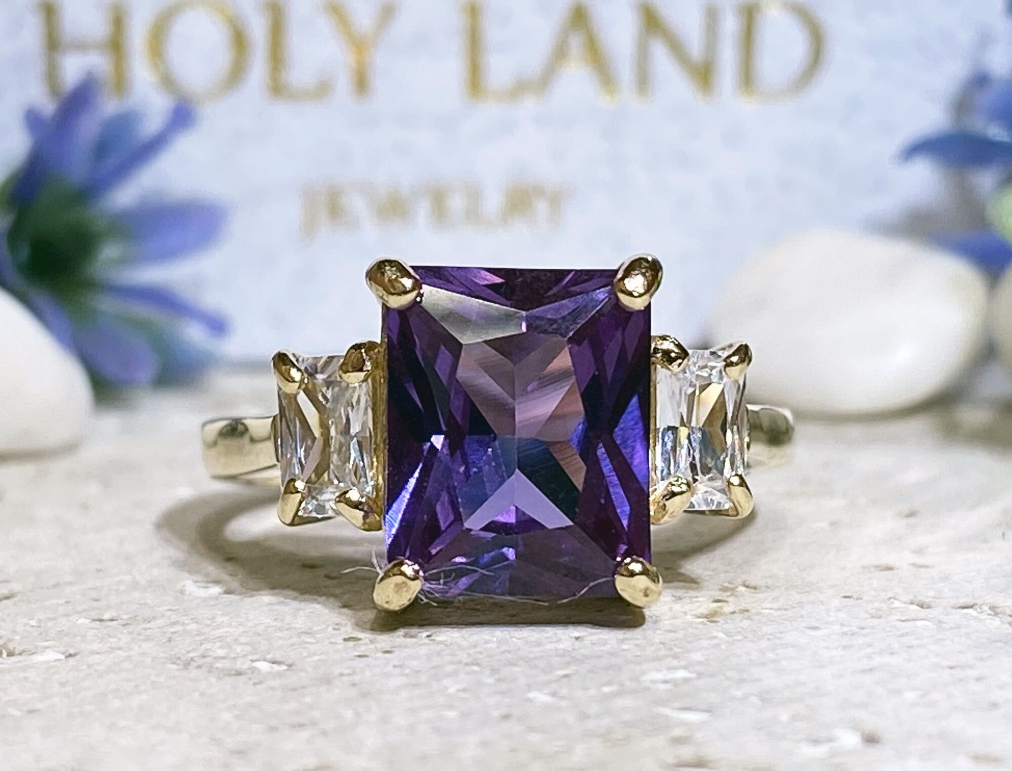 Alexandrite Ring - June Birthstone - Octagon Alexandrite Engagement Ring with Clear Quartz Accents