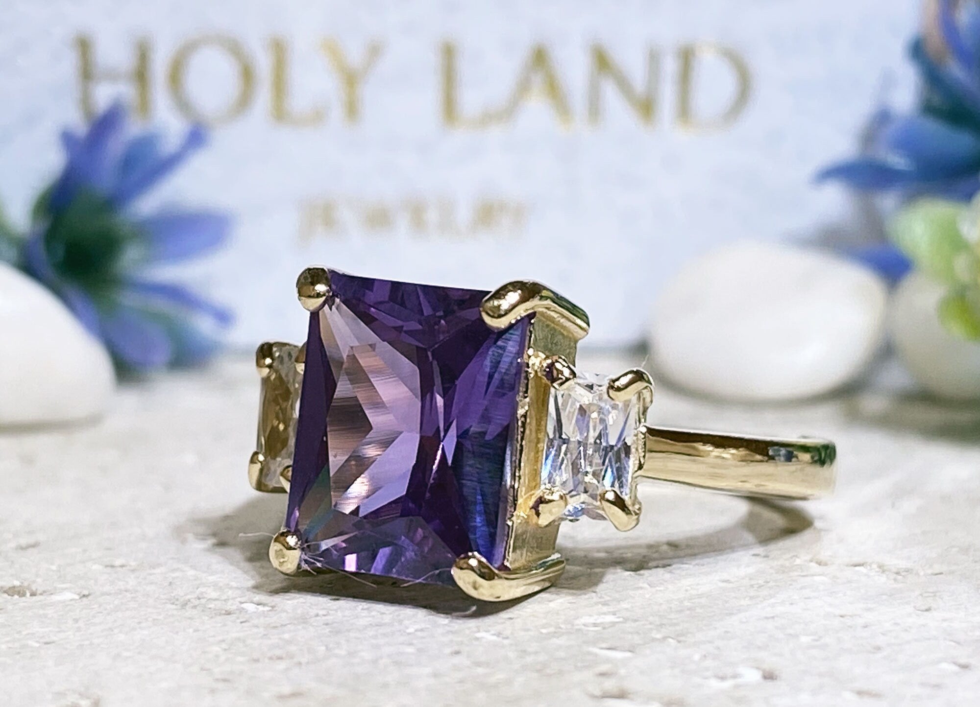 Alexandrite Ring - June Birthstone - Octagon Alexandrite Engagement Ring with Clear Quartz Accents