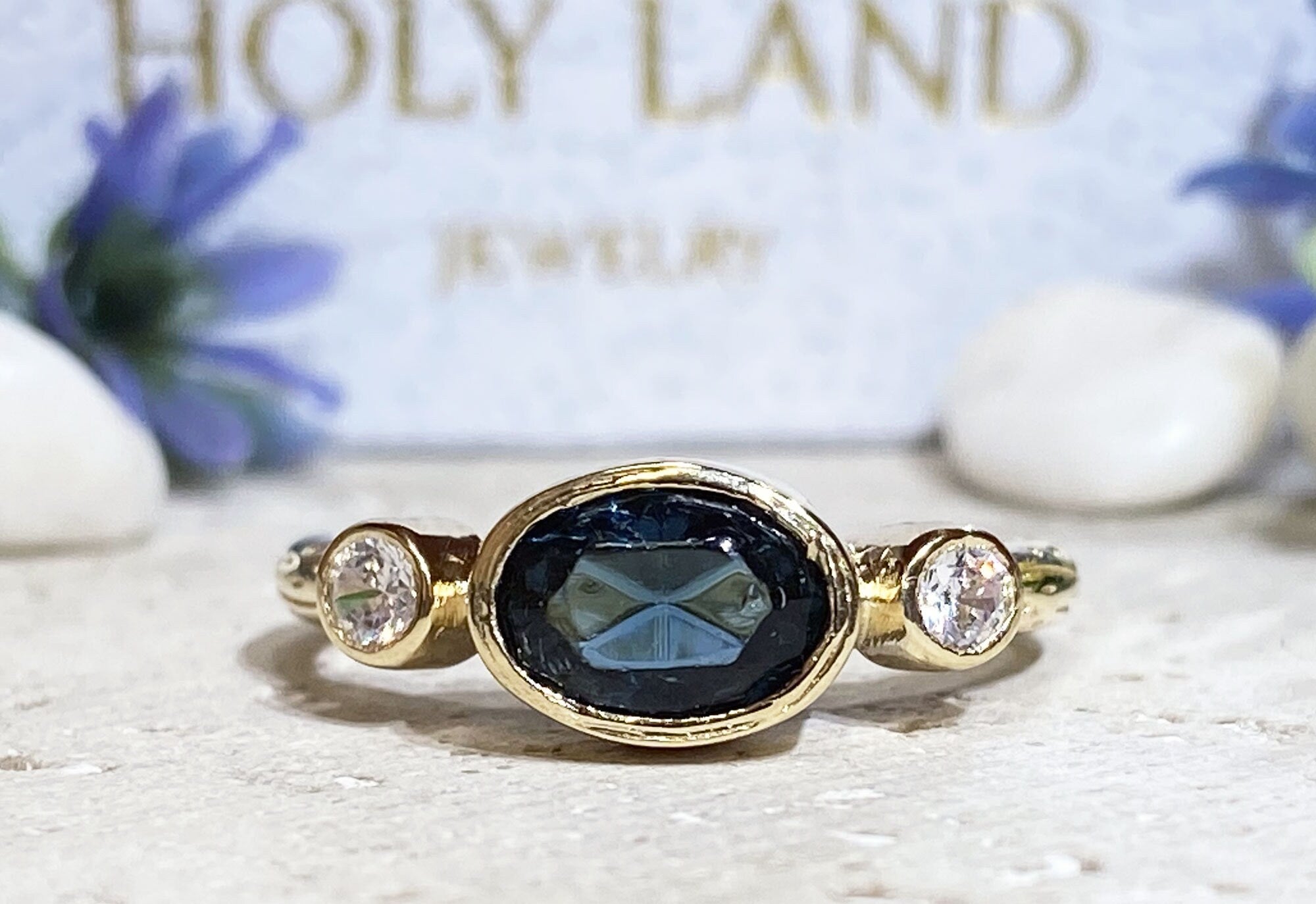 Blue Sapphire Ring - September Birthstone - Bezel Set Ring with Oval Blue Sapphire Gemstone and Clear Quartz Accents