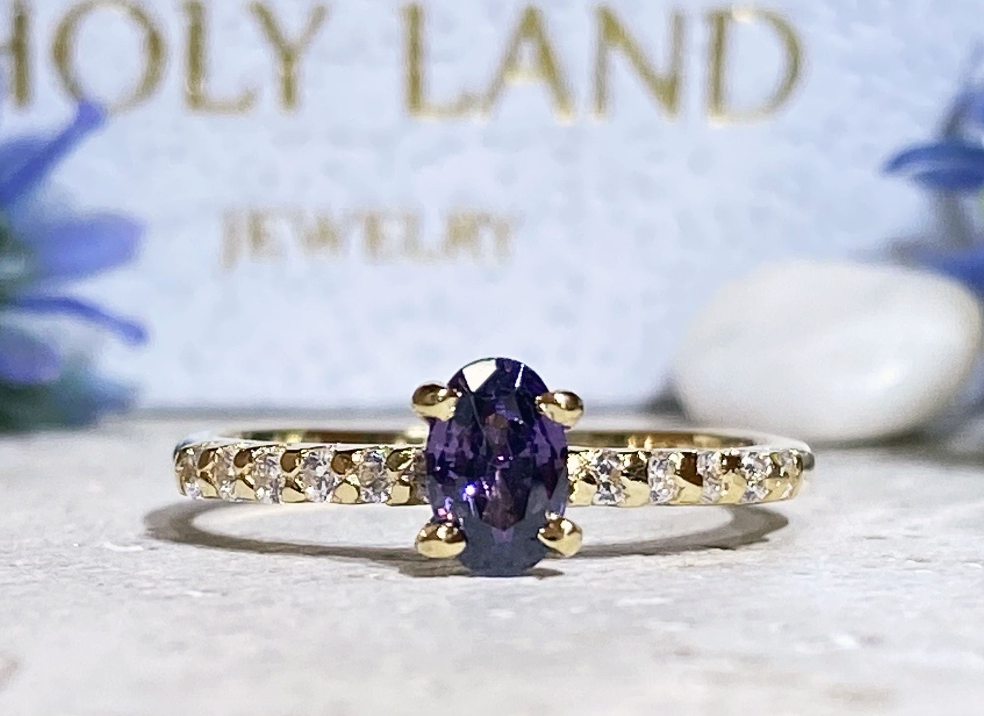 Amethyst Ring - February Birthstone - Oval Amethyst Ring with Clear Quartz Accents