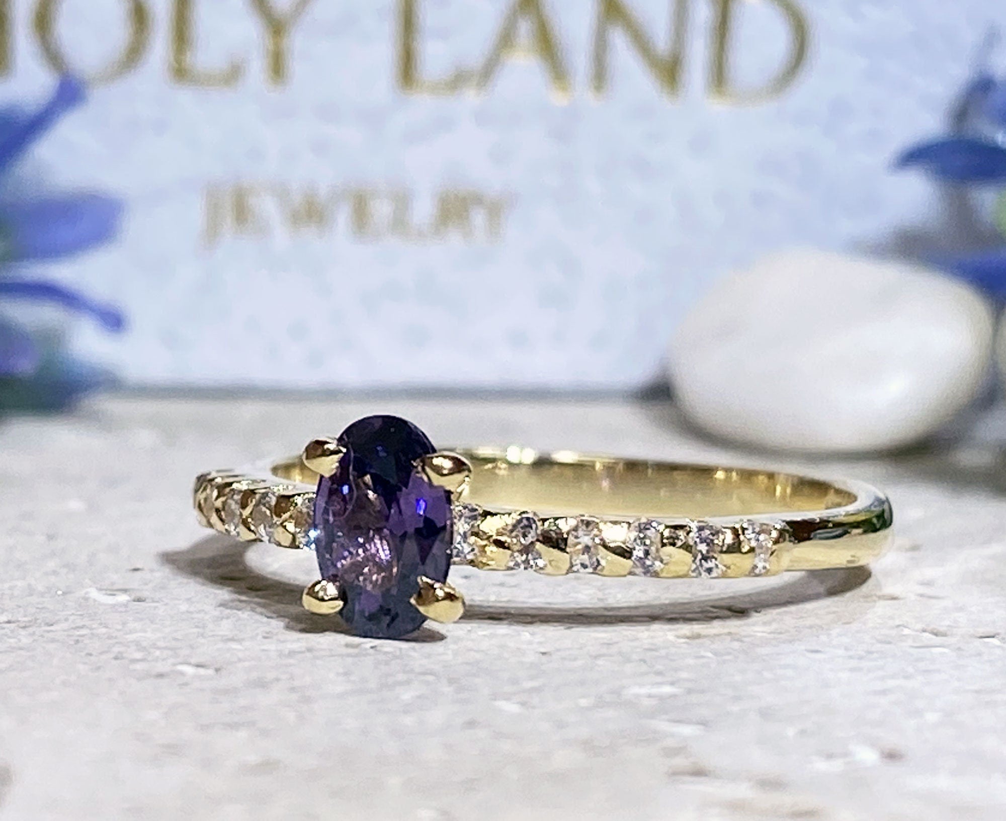 Amethyst Ring - February Birthstone - Oval Amethyst Ring with Clear Quartz Accents