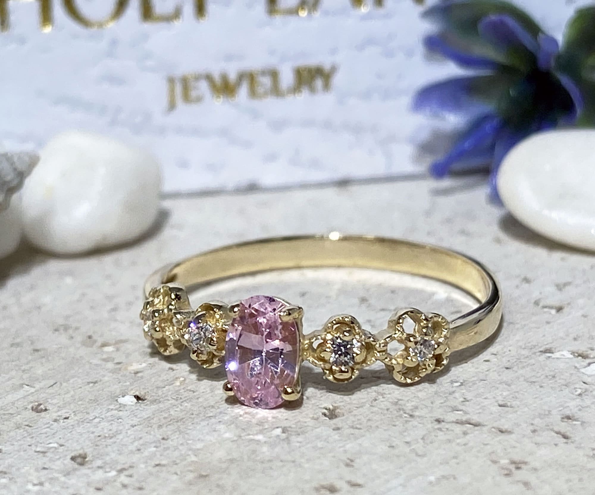 Rose Quartz Ring - October Birthstone - Gold Ring - Stack Ring - Flower Ring - Gemstone Ring - Delicate Ring