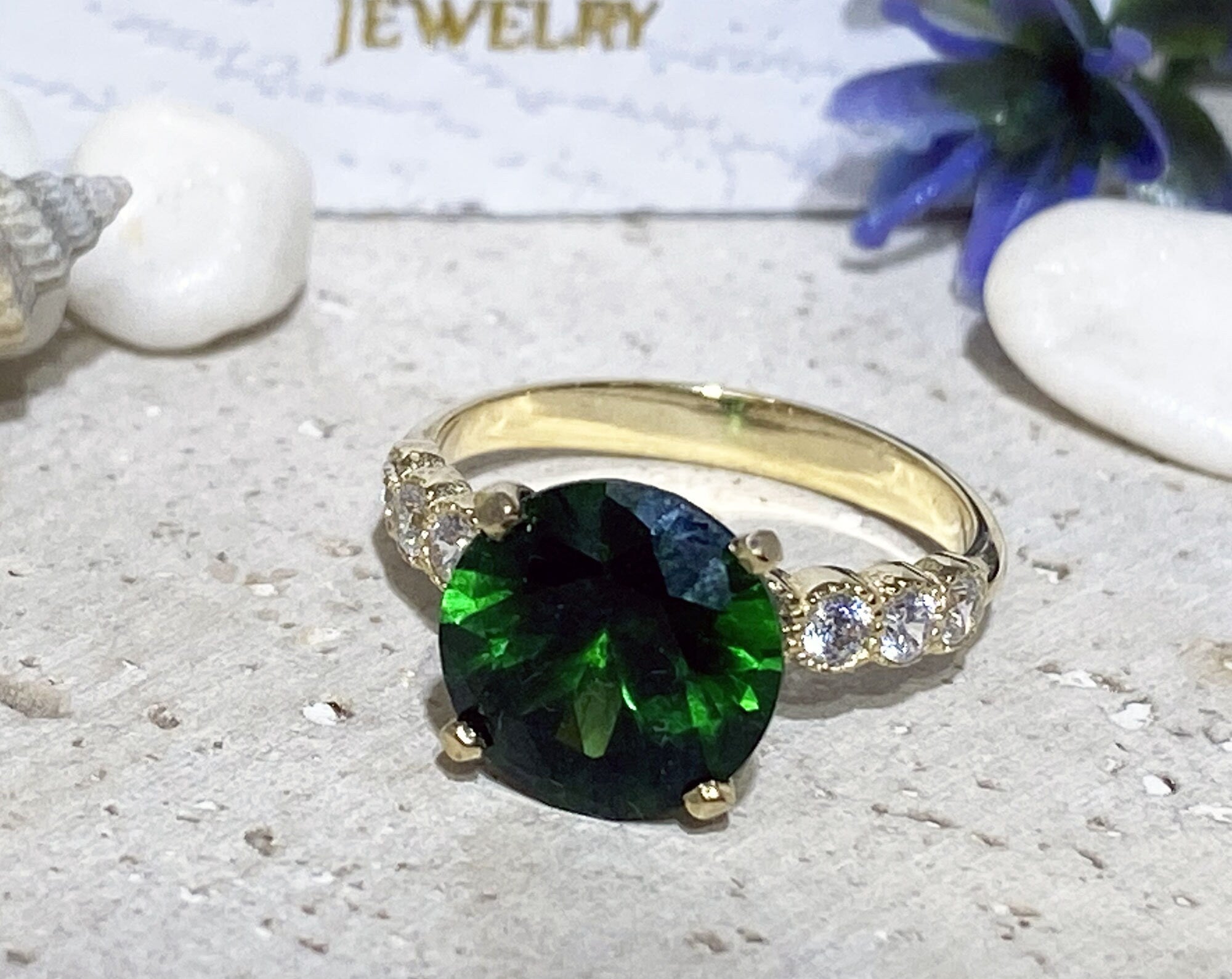 Emerald Ring - May Birthstone - Statement Engagement Ring with Round Emerald Gemstone and Clear Quartz Accents