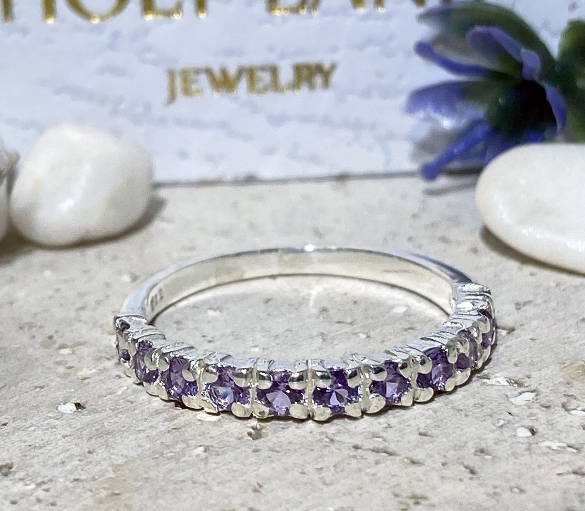 Alexandrite Ring - June Birthstone - Stacking Ring with Eleven Round Alexandrite Gemstones