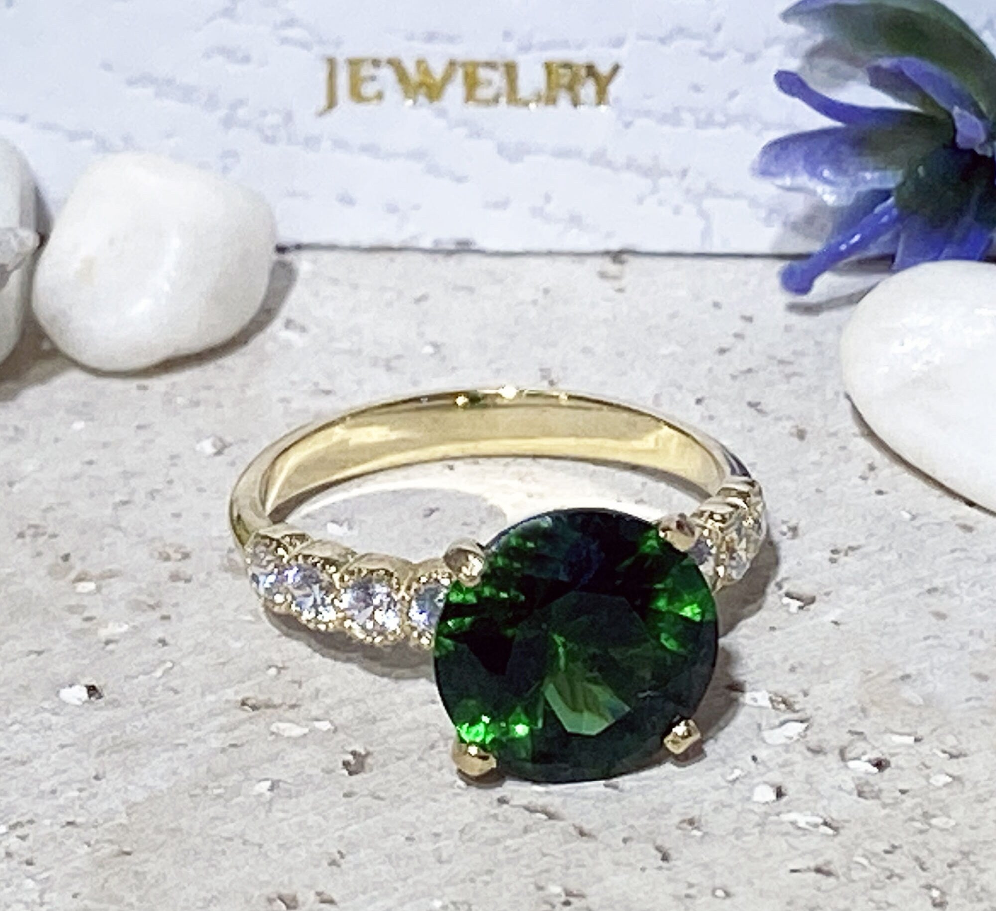 Emerald Ring - May Birthstone - Statement Engagement Ring with Round Emerald Gemstone and Clear Quartz Accents