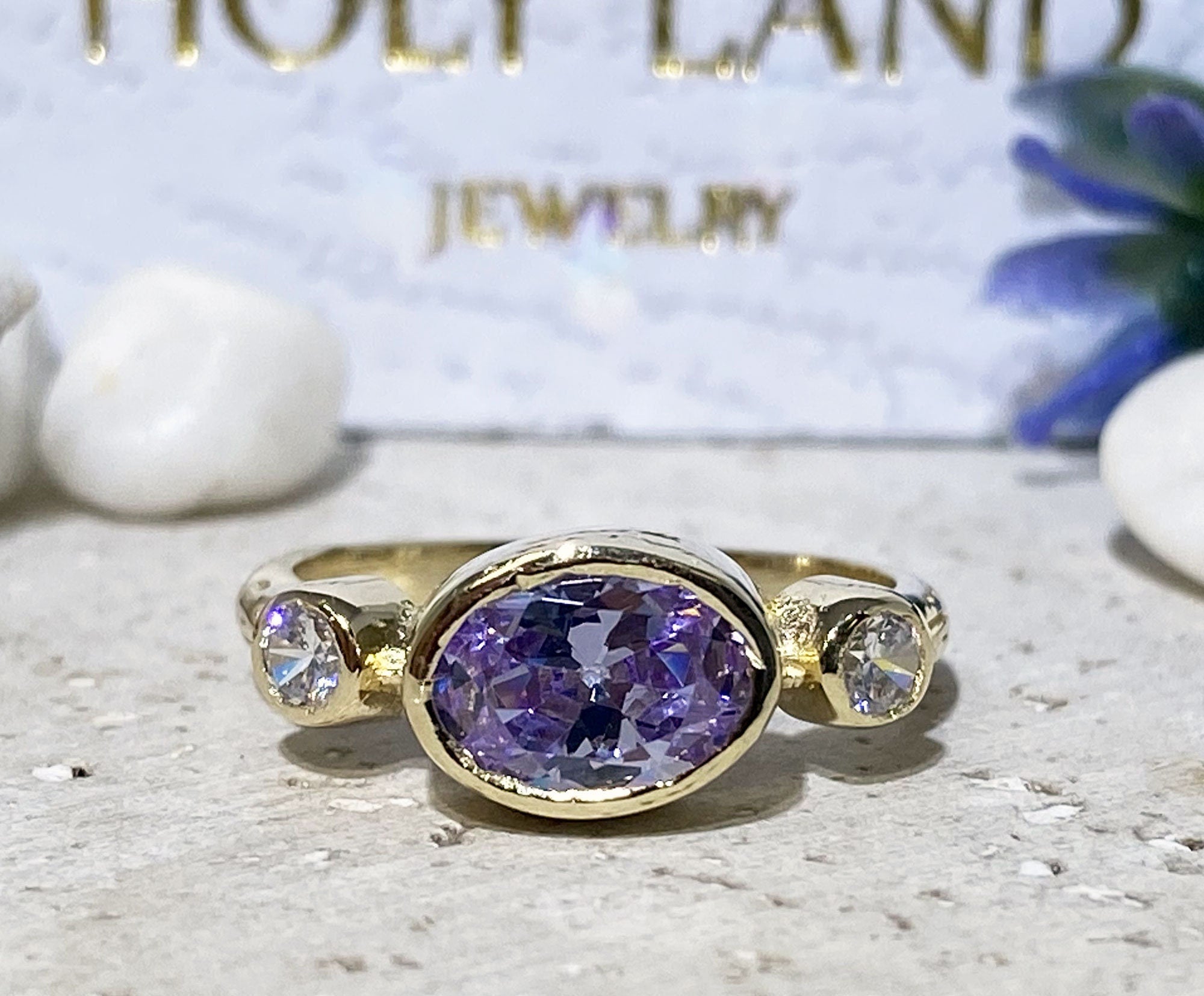 Triple Gemstones Ring - Lavender Amethyst Ring - Gemstone Ring - Gold Ring - Bezel Ring - Purple Ring